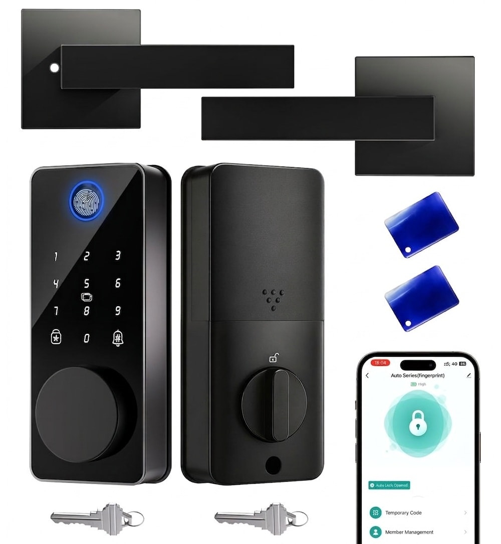 Adrinfly Smart Deadbolt Door Lock 2 Handle Set Keyless Entry 5 in 1 Fingerprint App Control Auto Lock IP54 Waterproof Temporary Passcode 1 Set #LAD0509M11