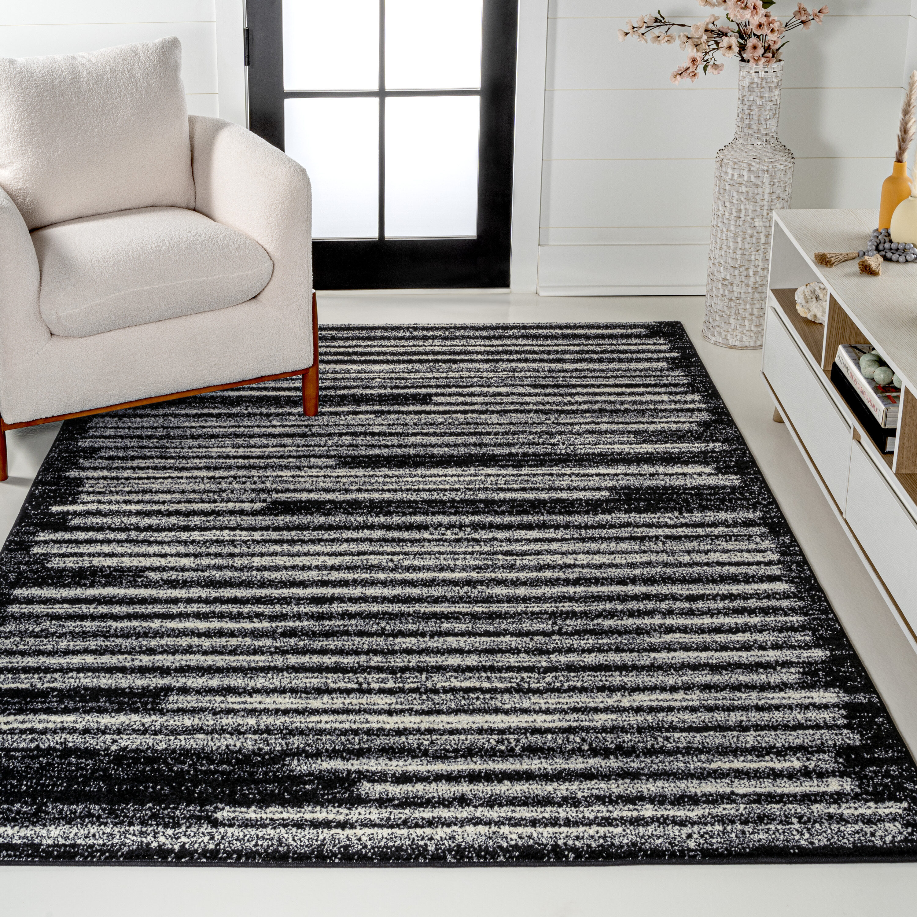 JONATHAN  Y MOH207F-5 Moroccan HYPE Khalil 5 x 8 (ft) Loomed Polypropylene Black/Cream Rectangular Indoor Stripe French Country Area rug