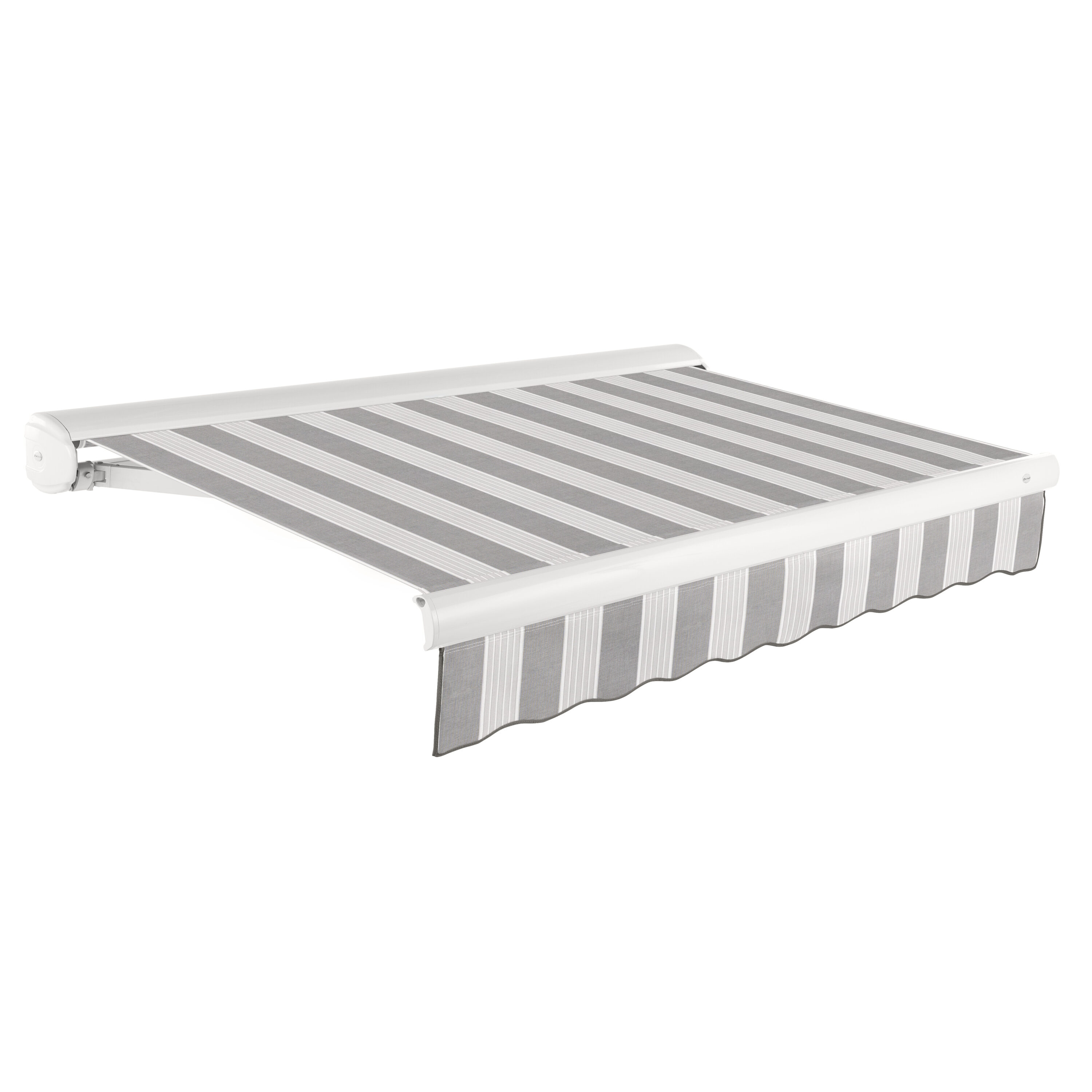 Awntech KWR18-361-GUNG Full Cassette Right Motor 216-in Wide x 120-in Projection x 10-in Height Fabric Gunmetal/Gray Light Stripe Striped Motorized Retractable Patio Awning