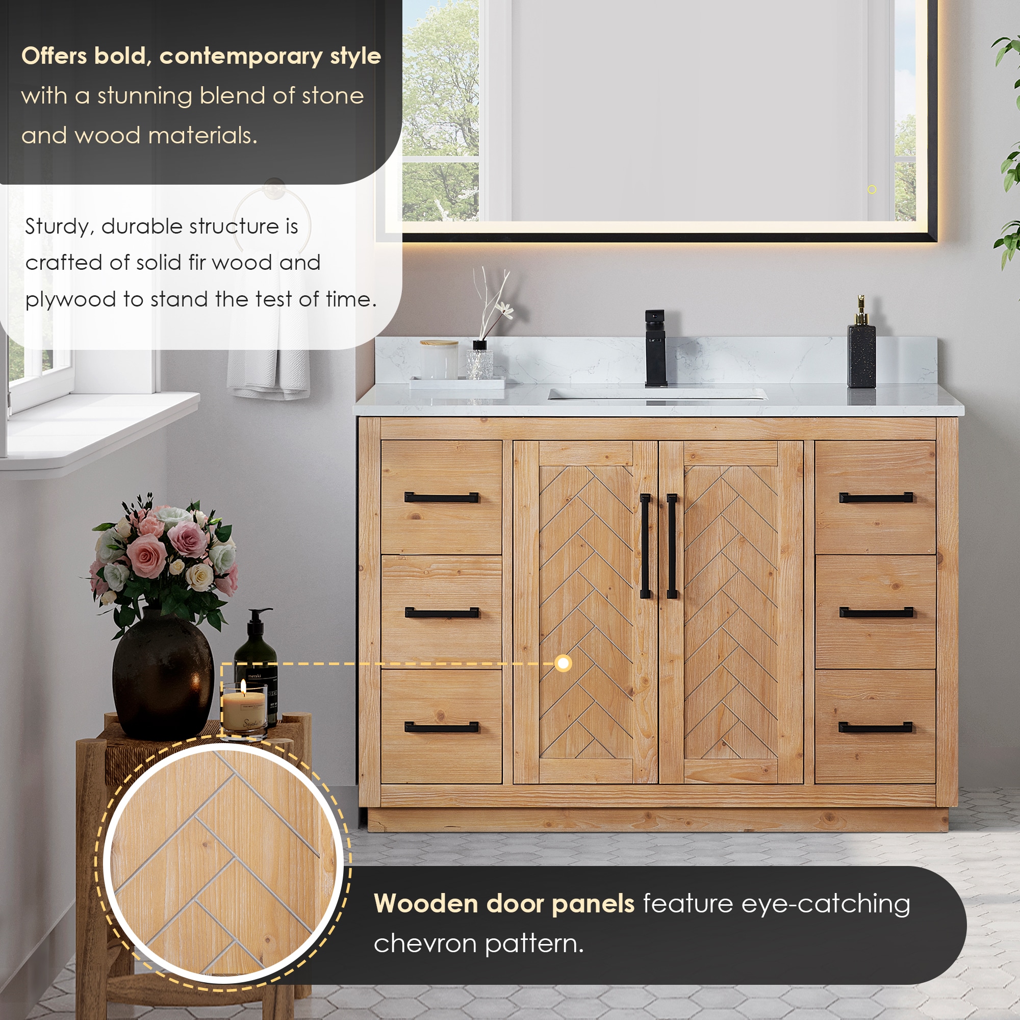 Anais Light Brown Wood Bathroom Vanity with White Stone Countertop, 48 inch