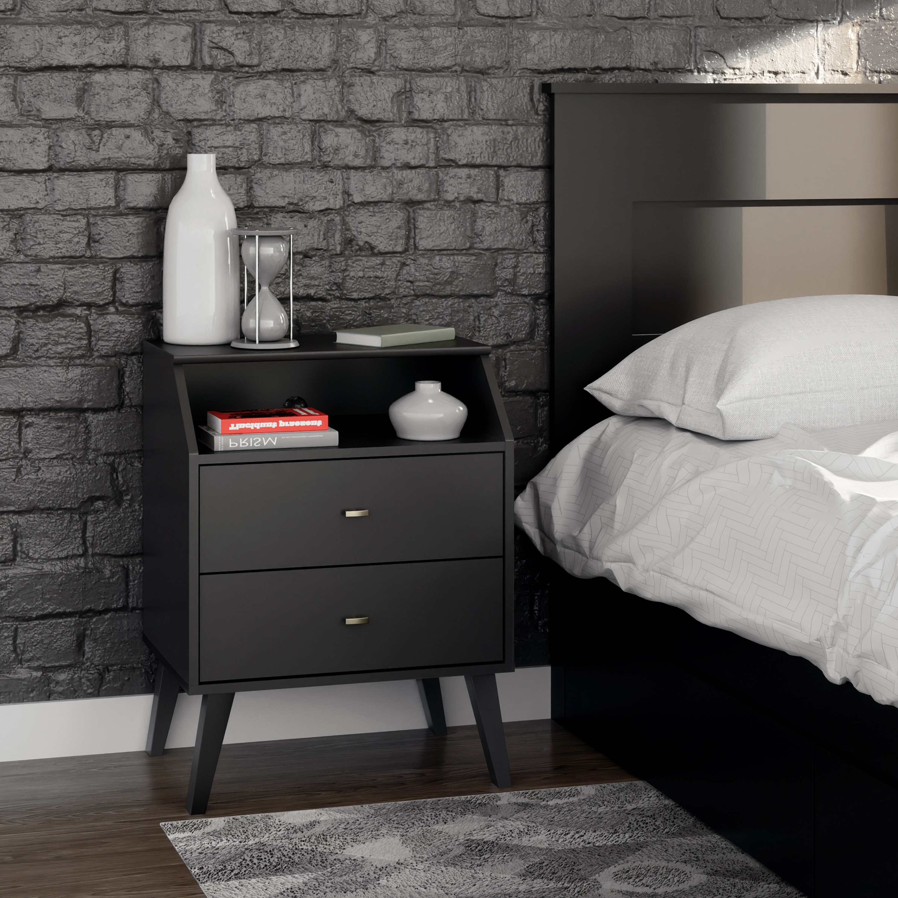 Milo Mid-Century Modern Black 2-Drawer Nightstand with Brass Knobs