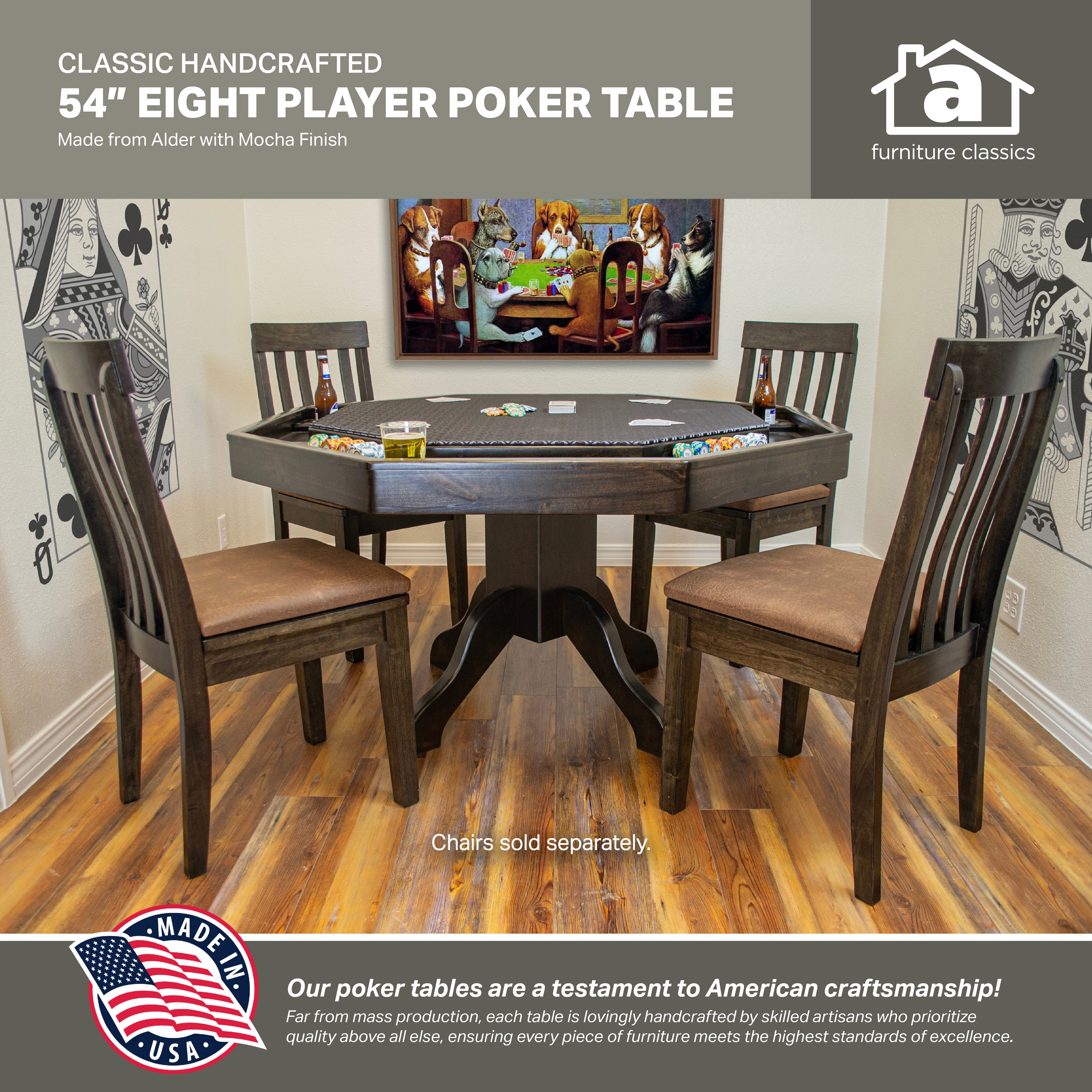 Mocha Knotty Alder 54" Square Poker Table with Stainless Steel Cup Holders