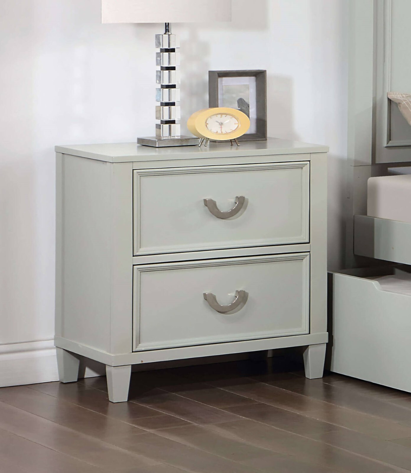 Blisstyle Transitional Gray 1pc Nightstand Dovetail Drawers Solid Wood Bedside Table Chrome Hanging Pulls Modern Farmhouse Bedroom Nightstands End