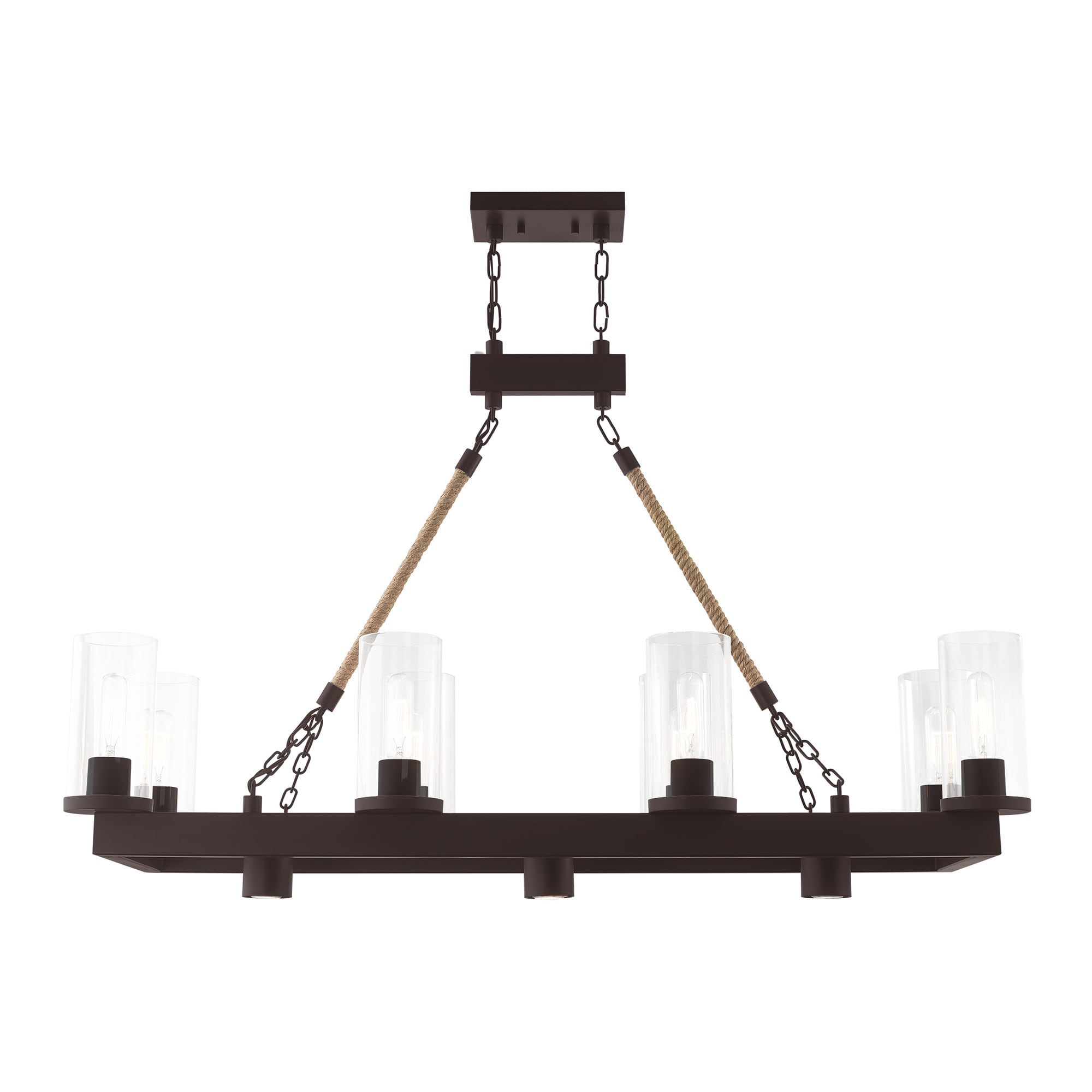 Metuchen Bronze Linear Chandelier with Clear Glass and Rope Detail, 11-Light