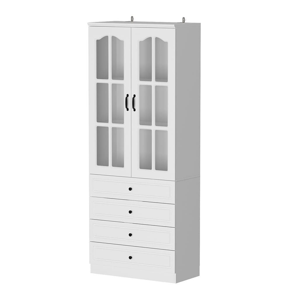 Homsee C-KF020393-01 Tall Storage Cabinet with 2 Glass Doors and 4 Drawers Modern Display Bookcase for Living Room or Office 31.5''L x 15.7''W x 78.7''H White