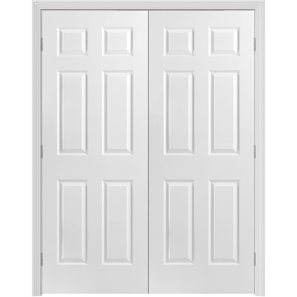 Masonite 640990 60-in x 80-in Primed Solid core 6-panel Bi-parting Smooth Primed Molded composite Split Jamb Double Prehung Interior Door 351 Casing