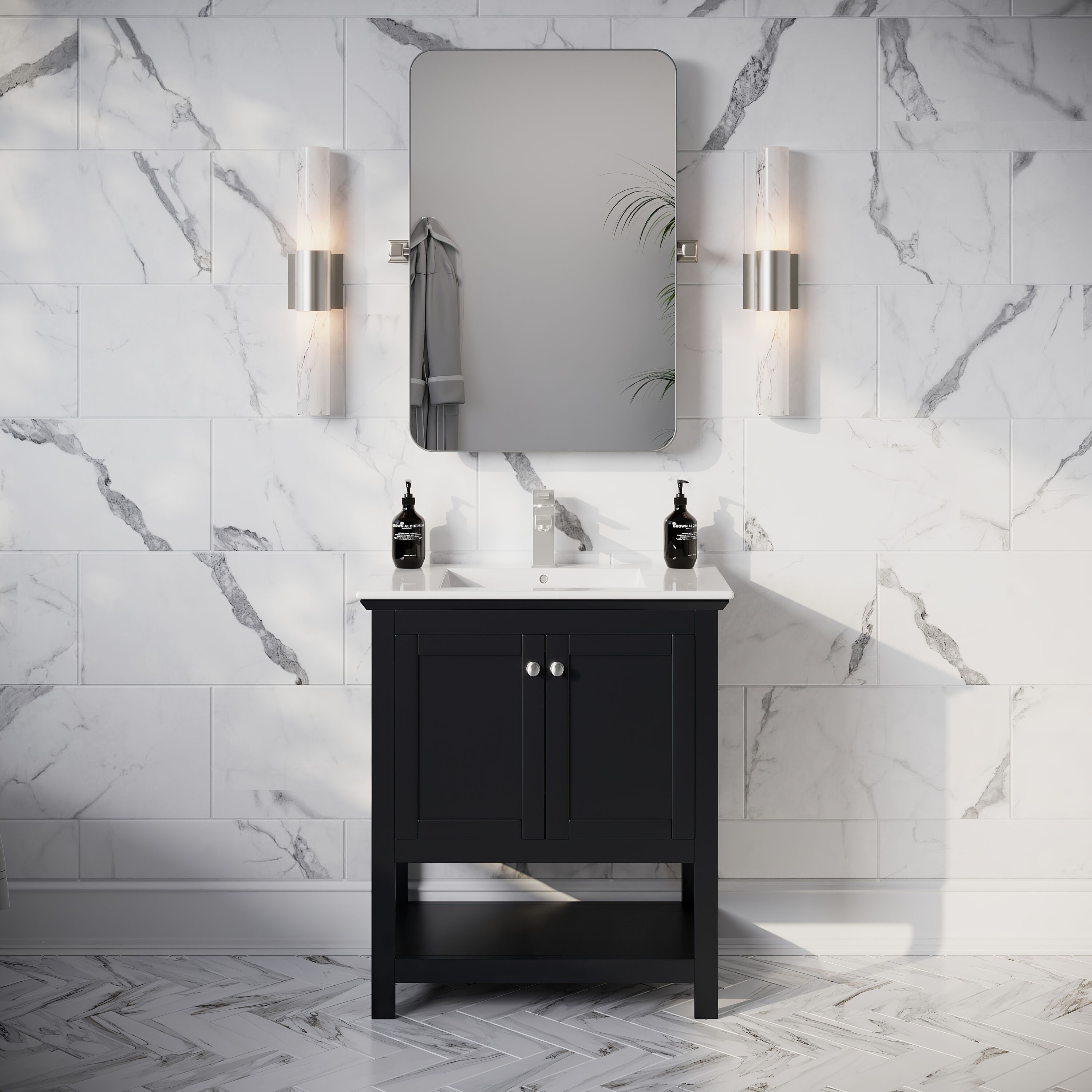 Fresca FCB2305BL-I Manchester 30-in Black Single sink Bathroom Vanity with White Ceramic Top