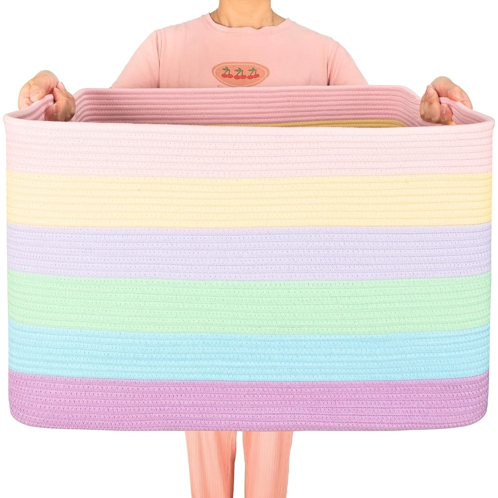 Baginizer Extra Large Rope Woven Storage Basket 112L 25x17x16 Inch with Handles for Blanket Laundry Towels Shoes Dog Toys Pastel Rainbow #BAGINIZER000203