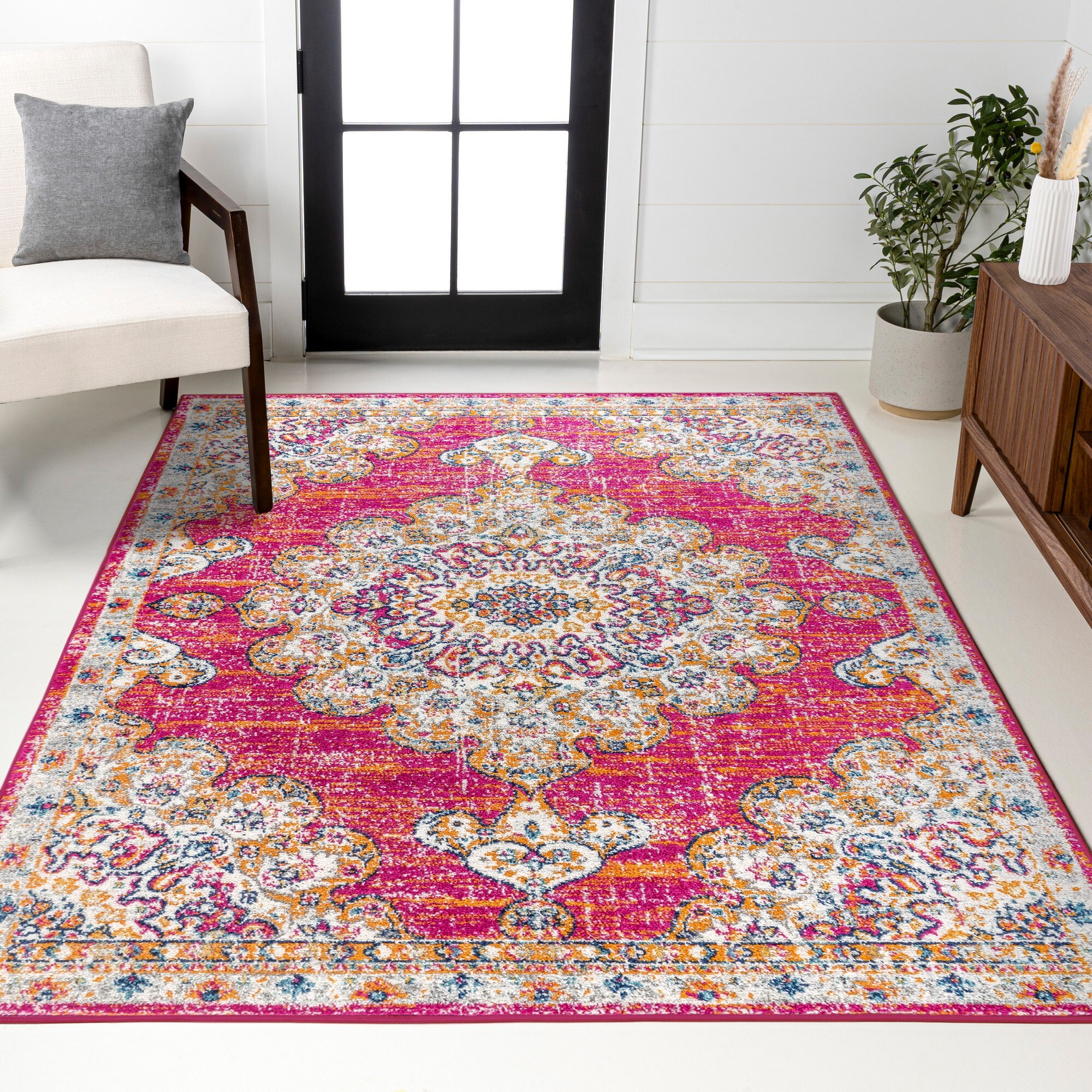 JONATHAN  Y BMF104A-4 BOHEMIAN FLAIR Vintage Medallion 4 x 6 (ft) Loomed Pink/Cream Rectangular Indoor Medallion Vintage Pet Friendly Area rug