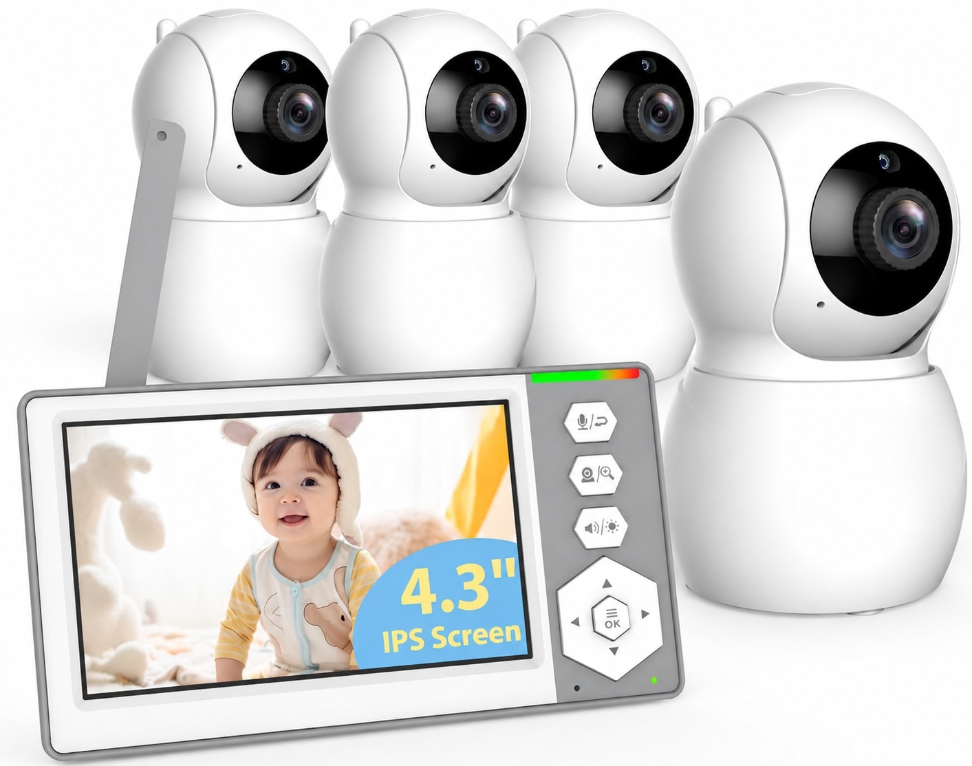 AOIZGMY  Baby Monitor with 4 Cameras 43 Inch IPS Screen Remote Pan Tilt Zoom No WiFi 1000ft Range ECO Mode Night Vision Temperature Sensor 2 Way