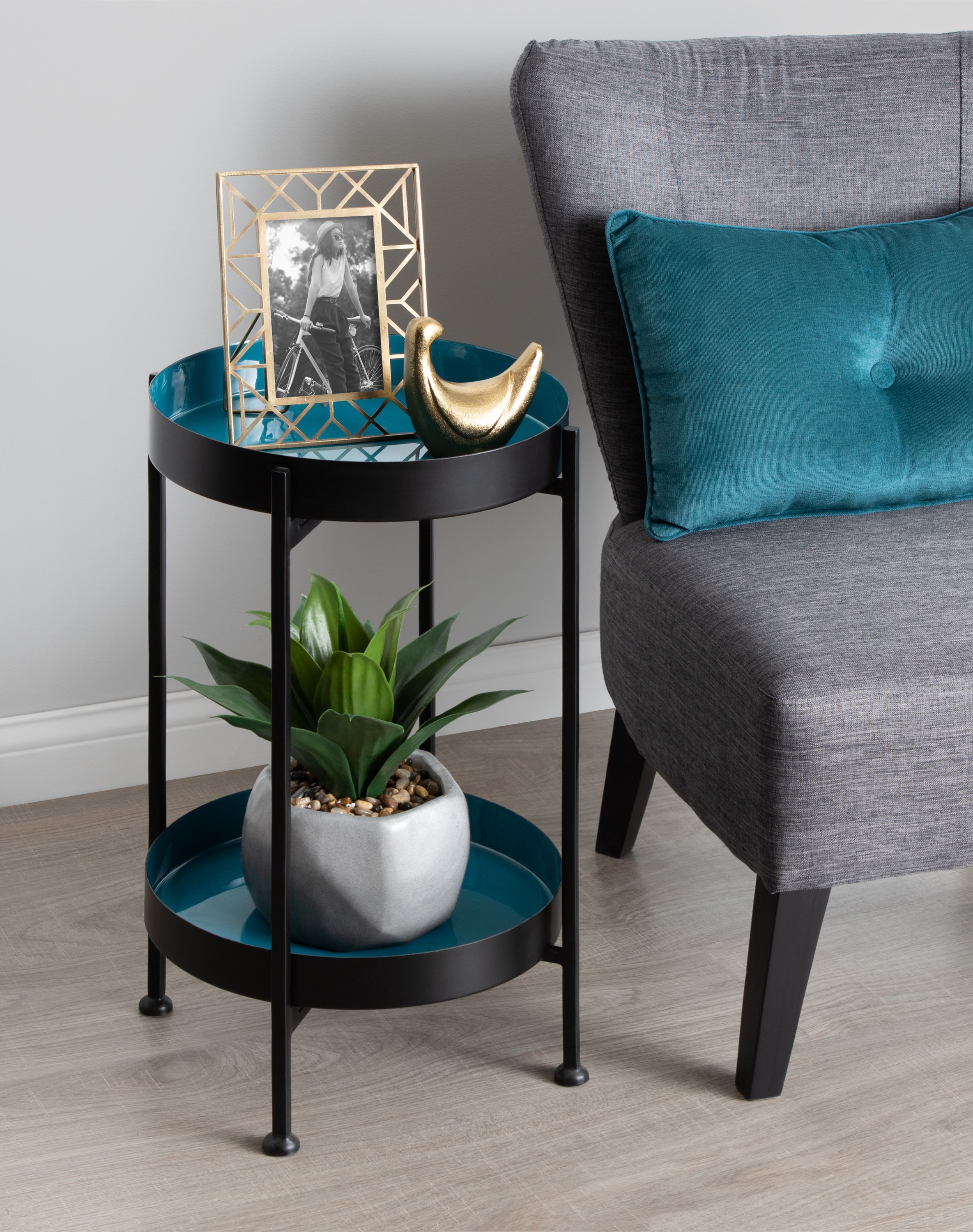 Nira Black and Teal Round Metal Two-Tier Side Table