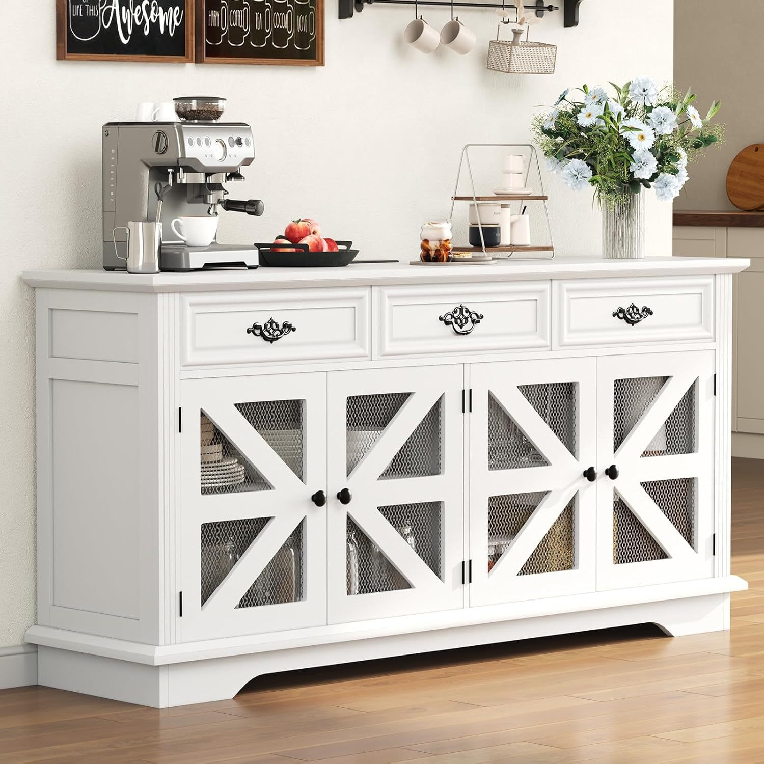 Qeetex GGL-PHK-34WPK9EV Sideboard Buffet Cabinet with Power Outlets Adjustable Shelves 63in Large Modern Farmhouse Storage Cabinet with 3 Drawers and 4 Mesh Barn Doors Coffee Bar Table for Kitchen Living Room White