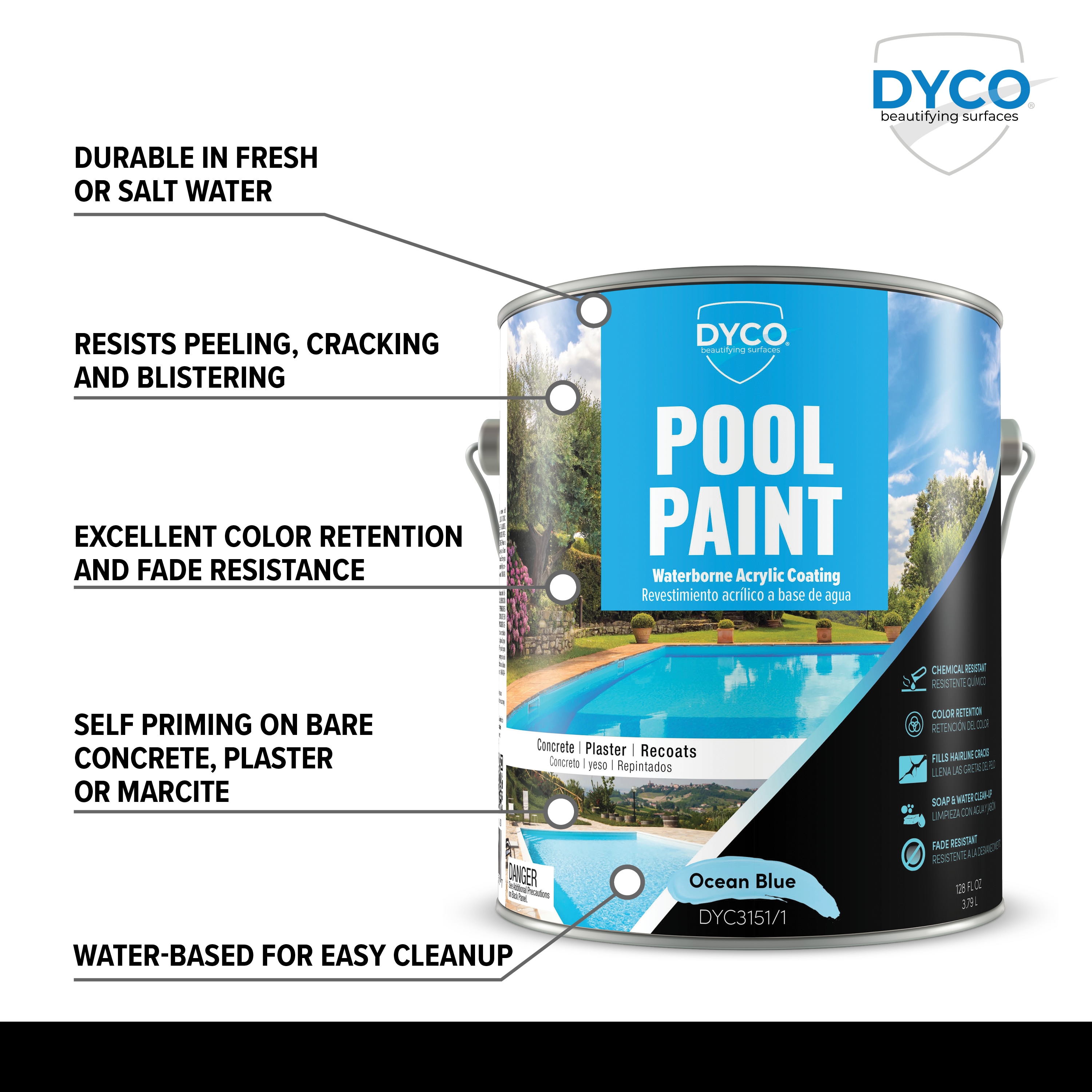 Dyco Paints Blue Pool Paint Semi-gloss Blue Acrylic Waterproof Pool ...