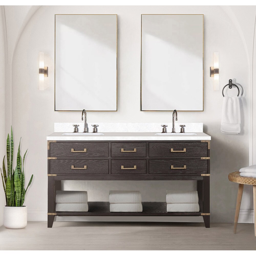 Lexora LVGR60DK201 Greenberg 60-in Brown Oak Undermount Double Sink Bathroom Vanity with White Quartz Top (Faucet Included)