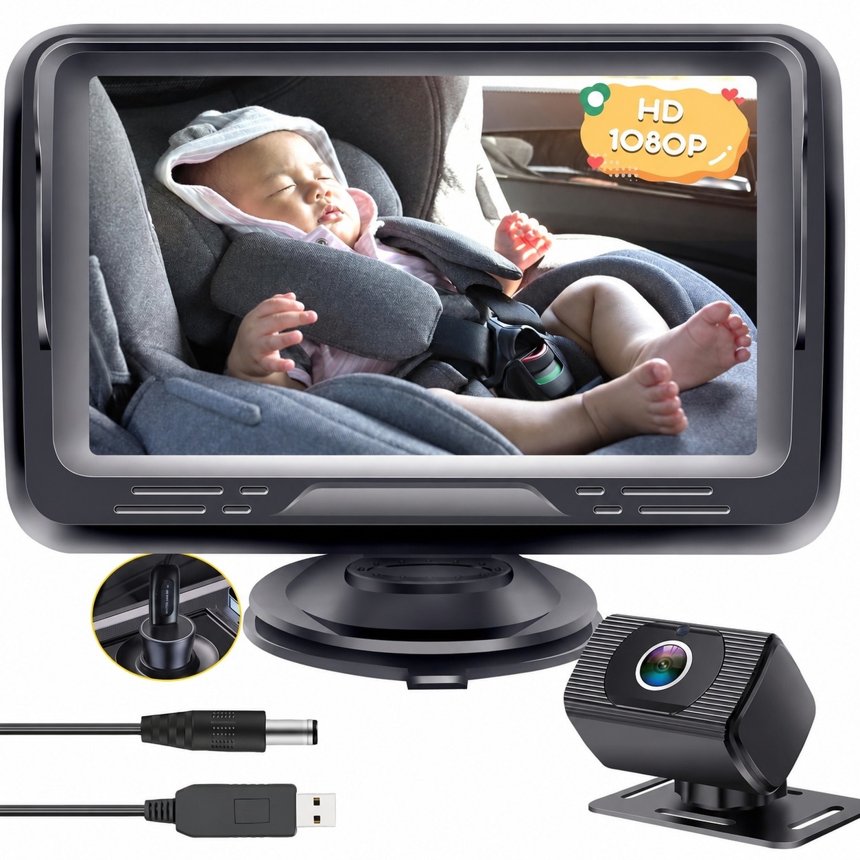 Oyezvary  Car Baby Camera USB Plug and Play 1080P Night Vision Wide Angle 360 Degree Adjustable Display for Infant Safety with Suction Cup Mount