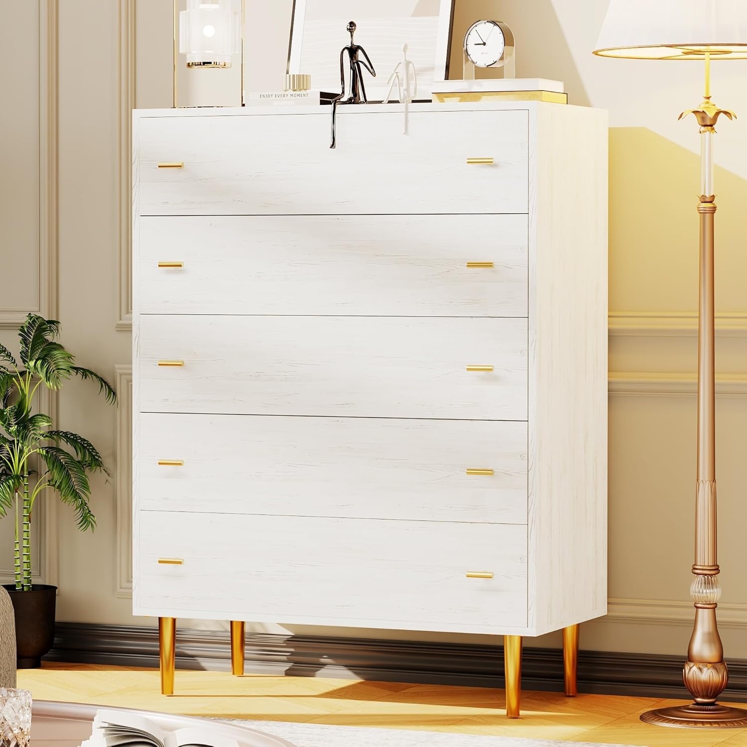 Qeetex GG-W546F004 Farmhouse 5 Drawer Dresser 44 Inch Tall White Wood Chest of Drawers with Large Drawers and Bar Handles for Living Room Hallway Entryway Natural Texture