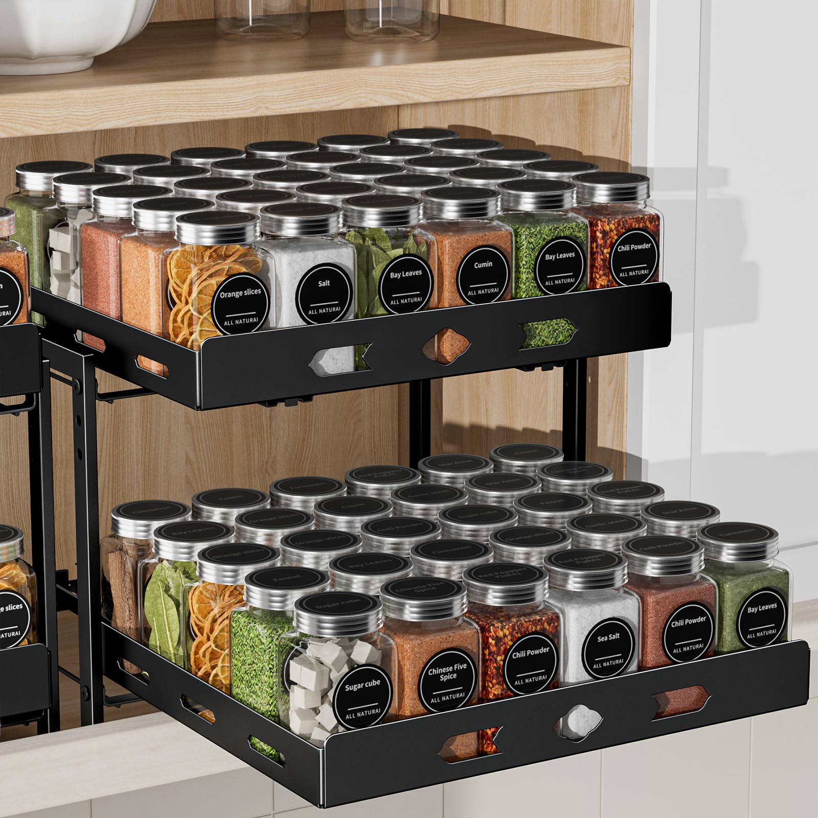 Yichuhaoxi  Adjustable 2-Tier Pull Out Spice Rack Organizer for Cabinet Kitchen Pantry Metal Black 14.1Wx10.8Dx9.2H durable home and garden
