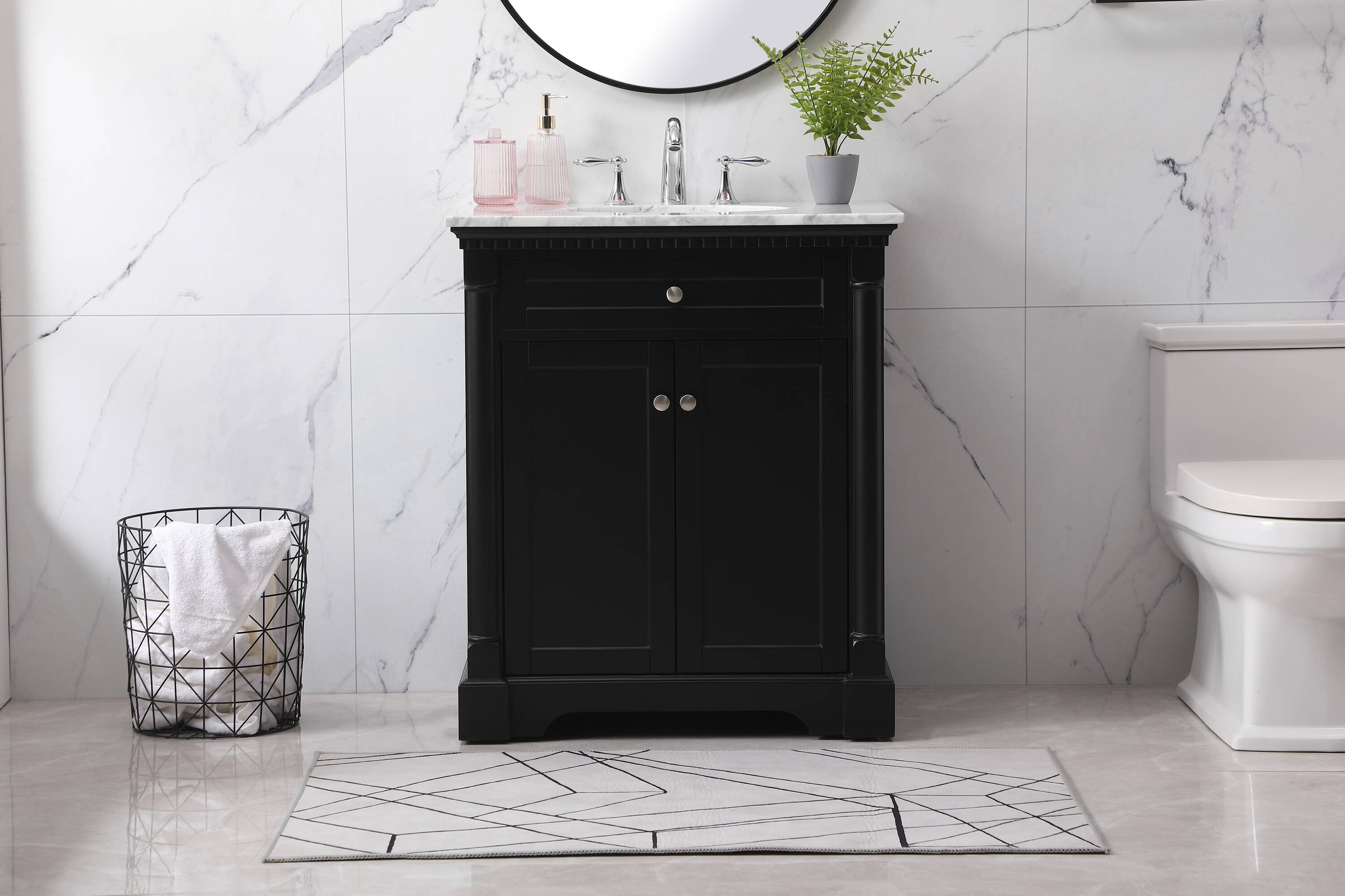 Clarence 30" Black Solid Wood and Metal Bathroom Vanity with Marble Top