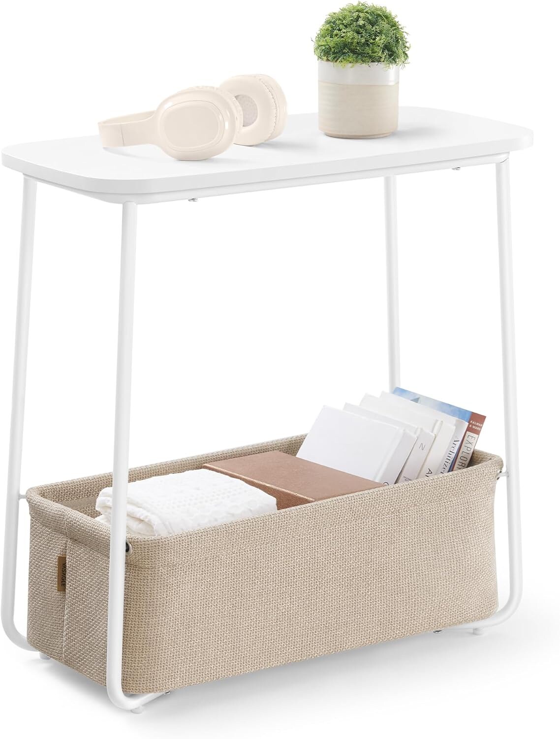 SONGMICS HOME LCT244B56 Small Bedside Table with Fabric Basket – Modern Rectangular Nightstand in Matte White and Camel Brown