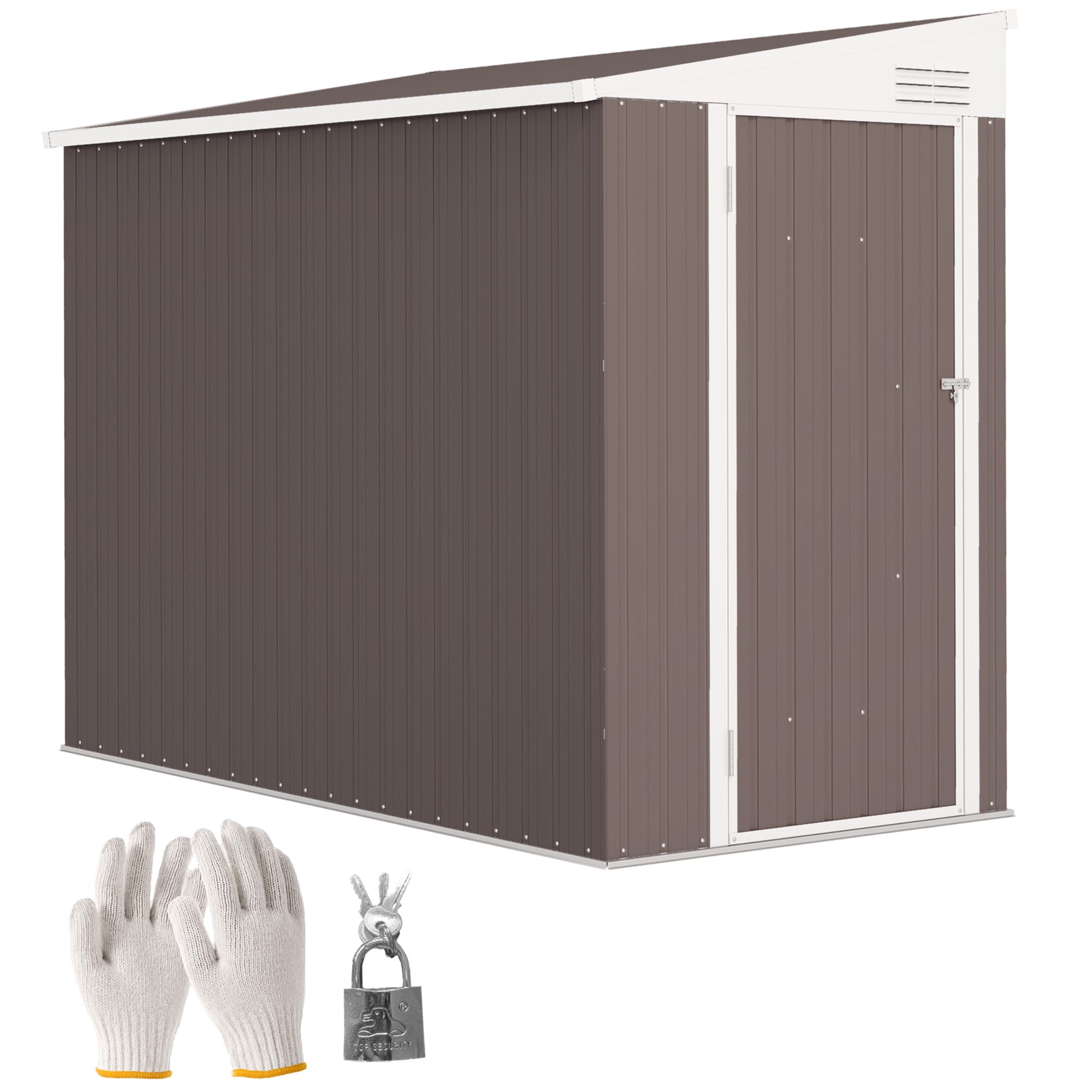 Outsunny 845-692V01BN 4ft x 8ft Metal Outdoor Storage Shed Lean to Storage Shed Garden Tool Storage House with Lockable Door and 2 Air Vents for Backyard Patio Lawn Brown