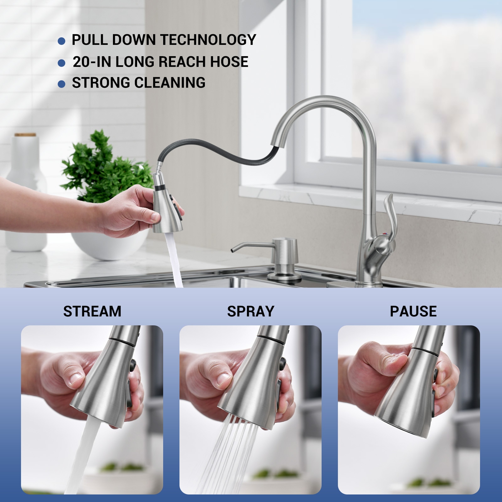 APPASO Brushed Nickel Single Handle Kitchen Faucet with Sprayer (Deck ...