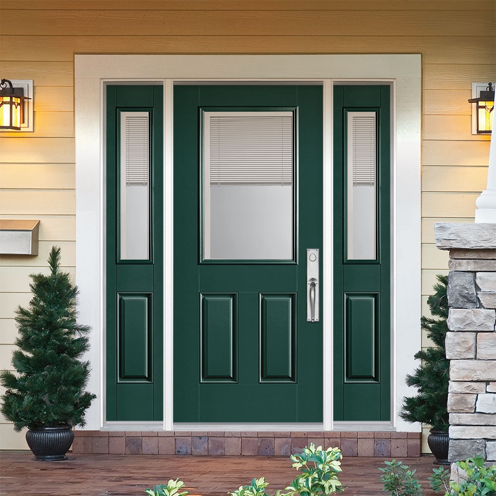 Masonite 1218511 60-in x 80-in x 4-9/16-in Fiberglass Half lite Left-hand inswing Evergreen Painted Prehung Front Door with Sidelights with Brickmould Insulating core with Blinds