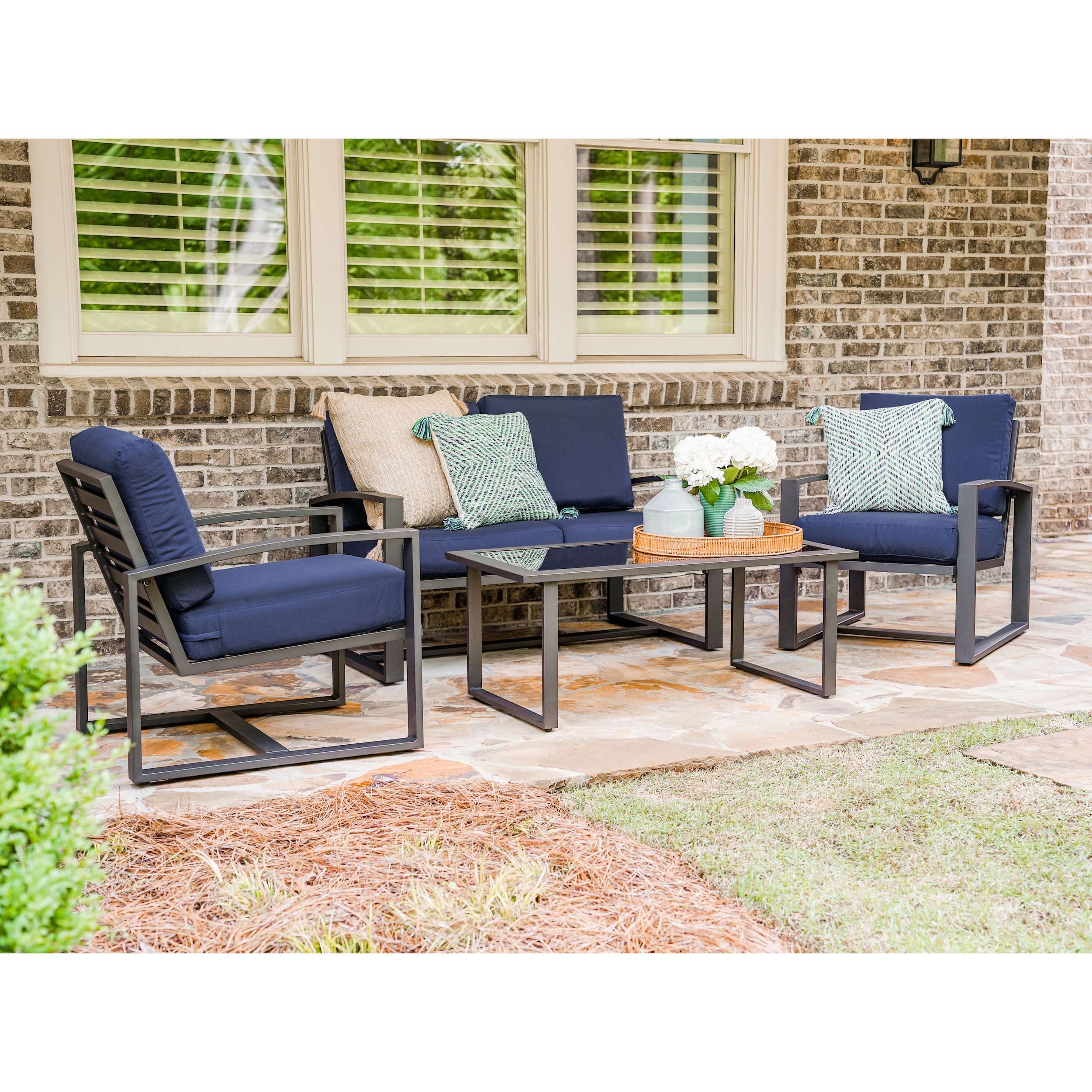 Leisure Made 967003-NVY Jasper 4-Piece Patio Conversation Set with Blue Cushions
