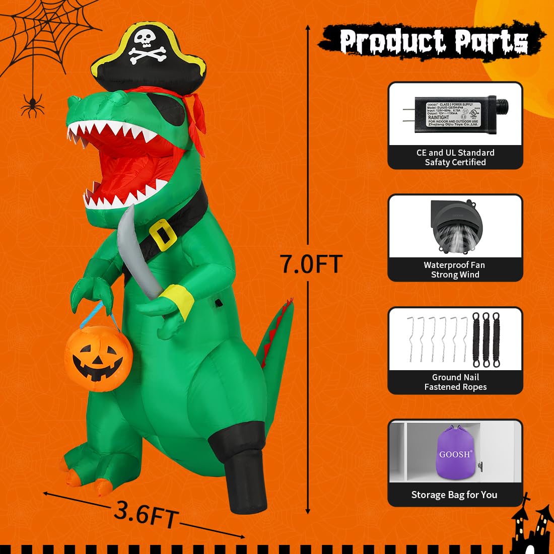 7-Foot Green Pirate Dinosaur Halloween Inflatable with LED Lights