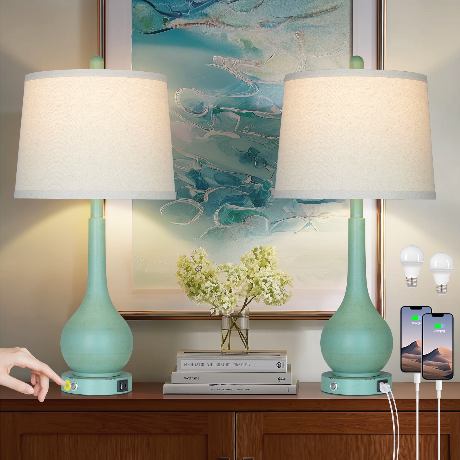 UrFurnishings Farmhouzz 26.5-in Green LED Touch Table Lamp with Linen Shade