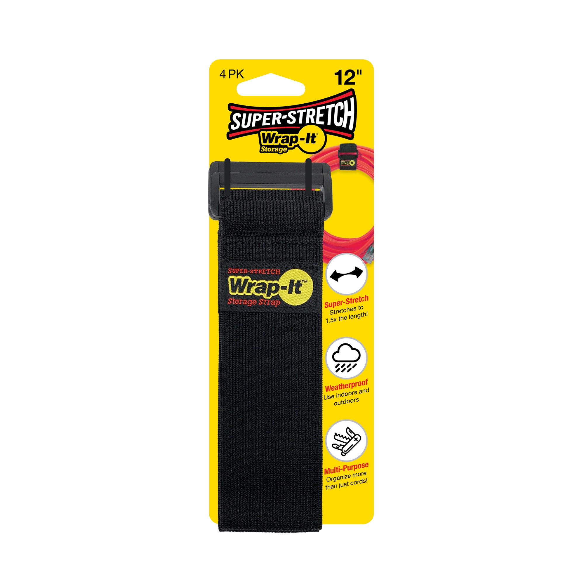 Wrap-It Super-Stretch 12-in Black Hook and Loop Fastener (4-Pack