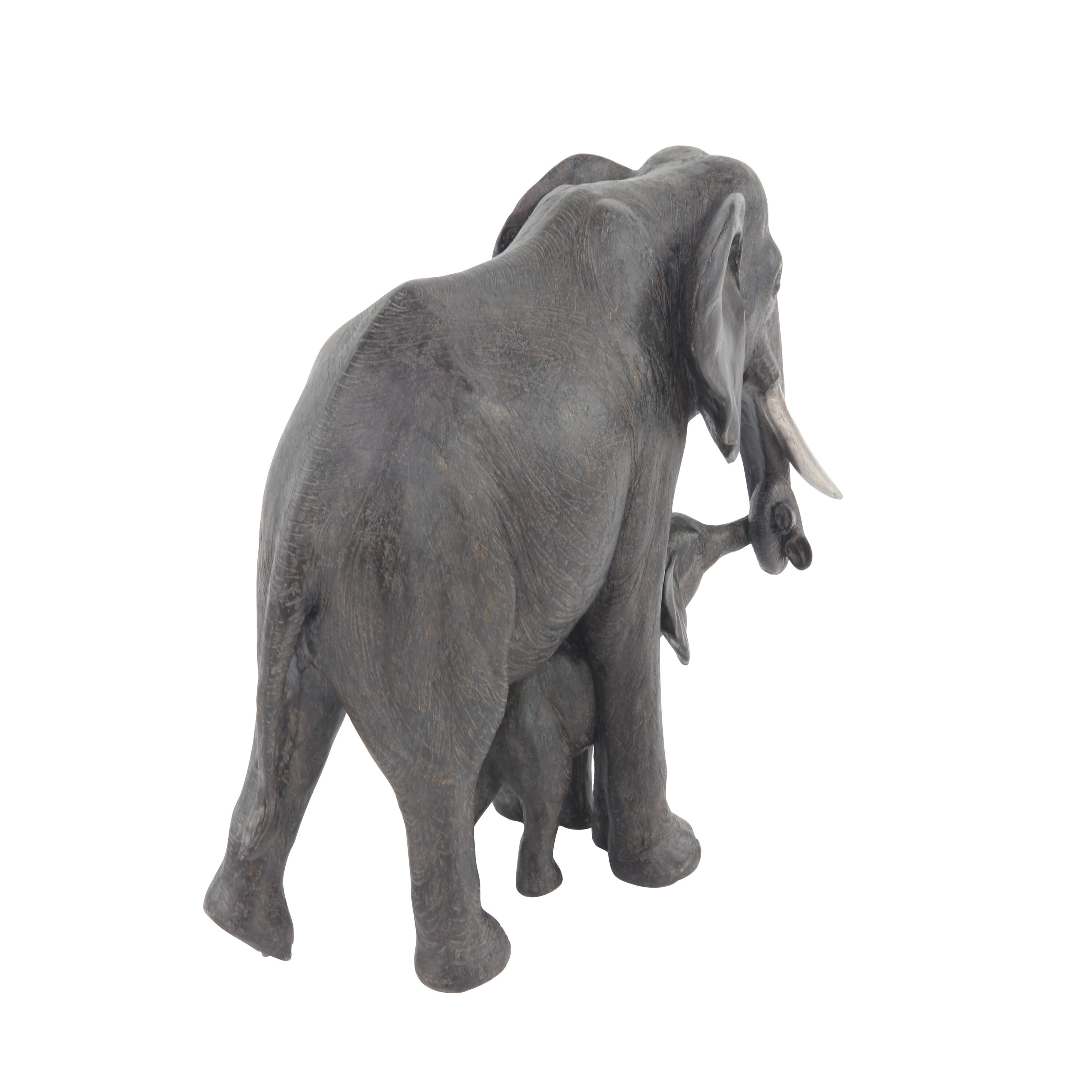 Gray Resin Elephant Mother and Calf Sculpture