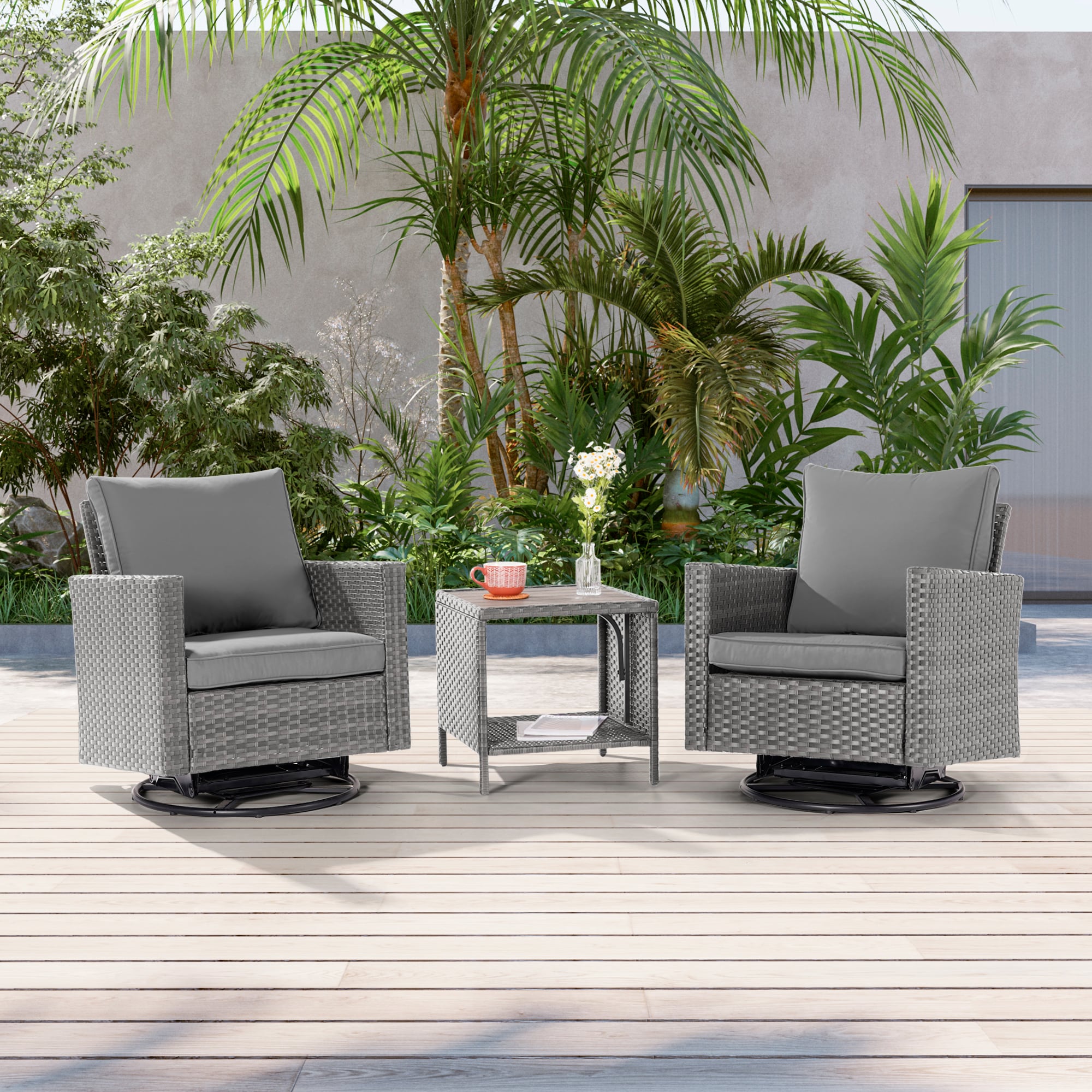 Sonkuki SD-PS2R-HGY-T3 Patio Conversation Set 3 -Piece Wicker Patio Conversation Set with Gray Cushions