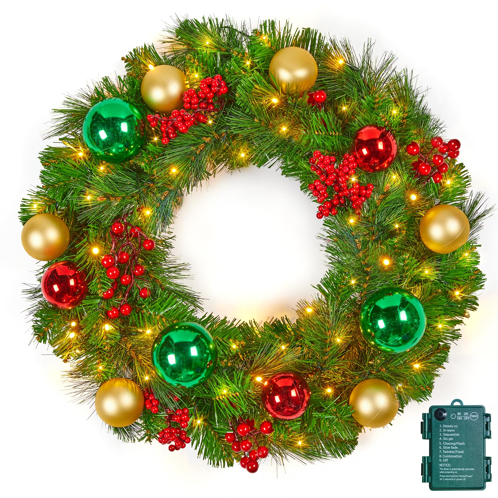 KHKFY  24Inch Pre Lit Christmas Wreath with 50 LED Warm Lights Pine Needles Red Berries and Christmas Balls for Front Door Wall and Windows