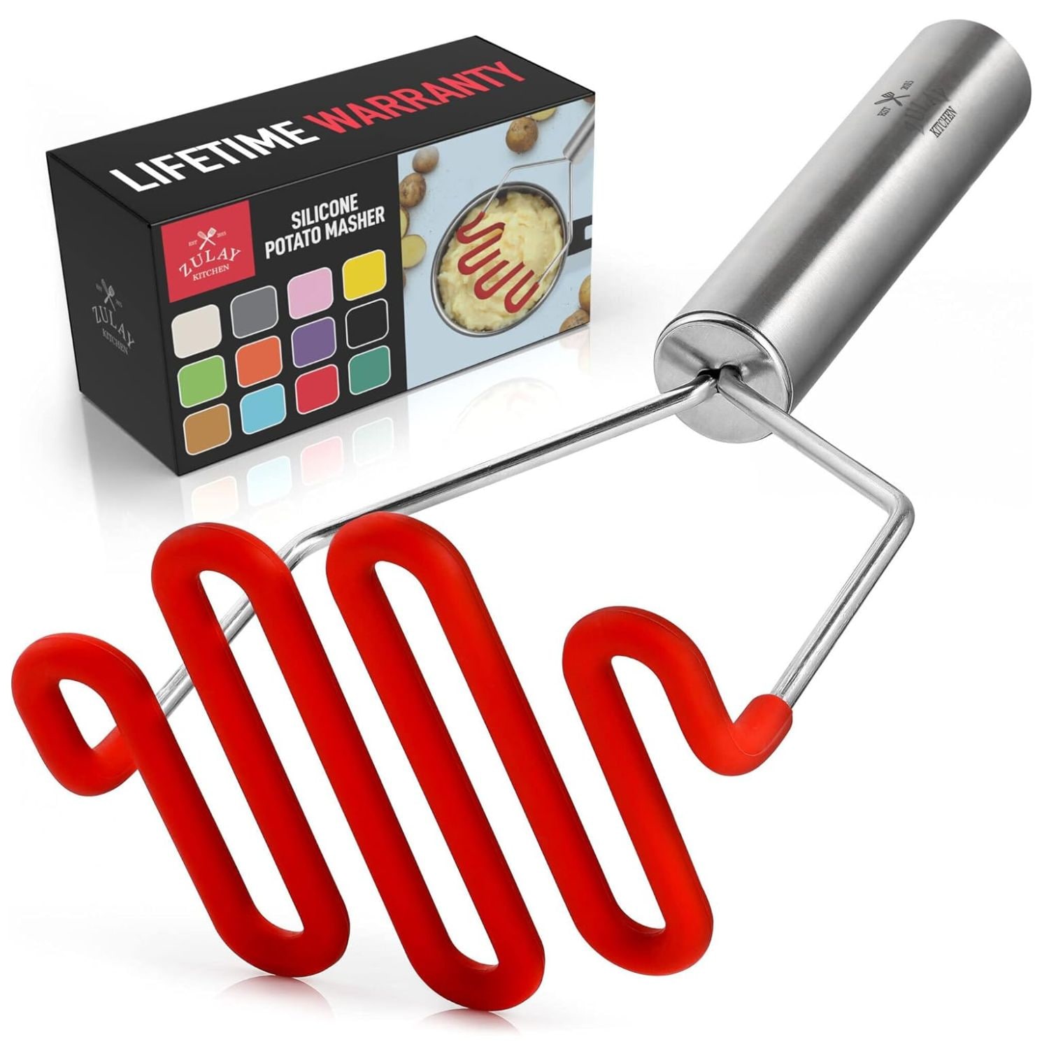 Zulay Kitchen Non Scratch Potato Masher Heavy Duty Stainless Steel Silicone Hand Masher for Smooth Mashed Potatoes Avocados Durable Easy Clean Kitchen Tool