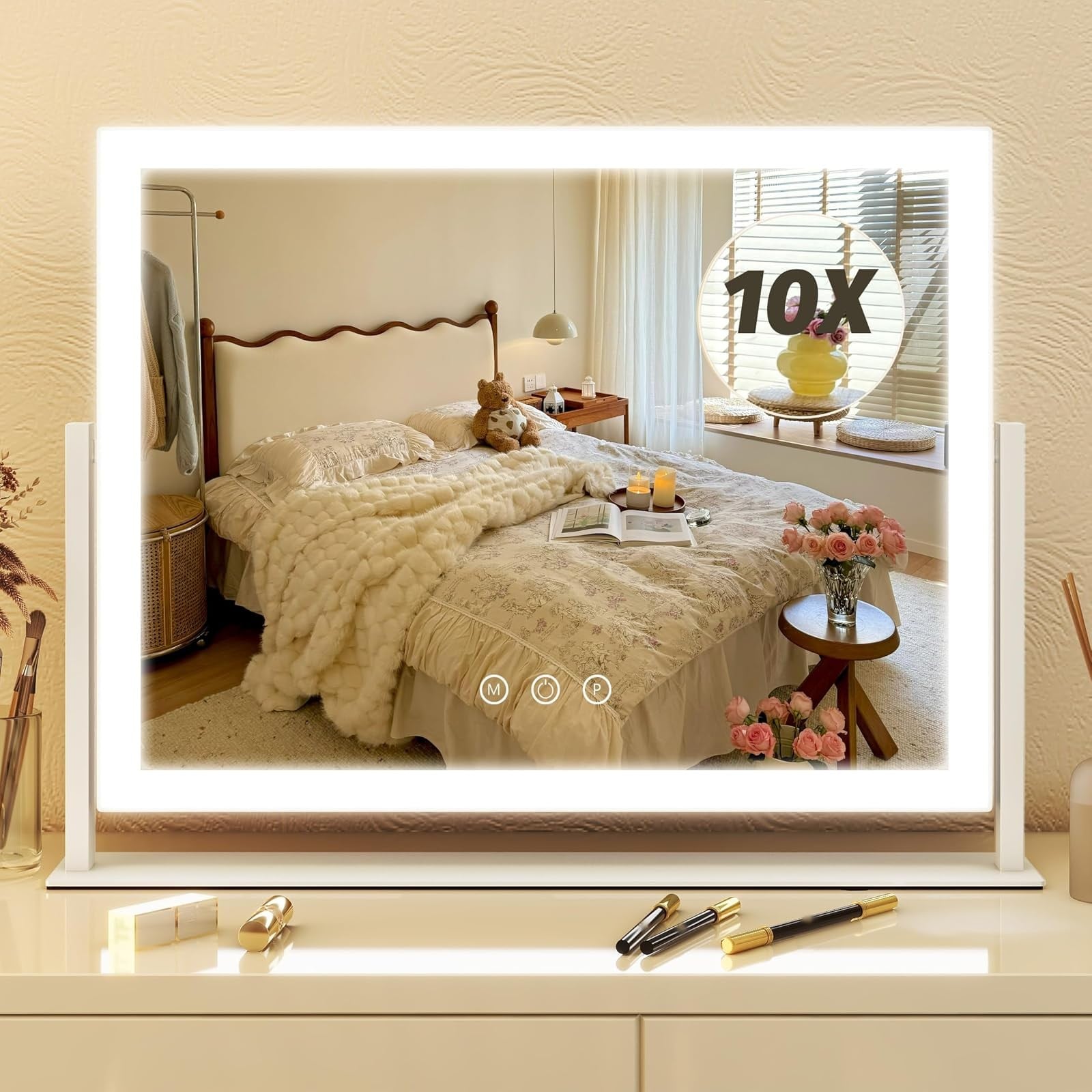 Slagawa 13 x 17 Inch Vanity Mirror with Lights Touch Screen 3 Color Dimmable LED Makeup Mirror for Bedroom Desk White #LULIN-E2E70A