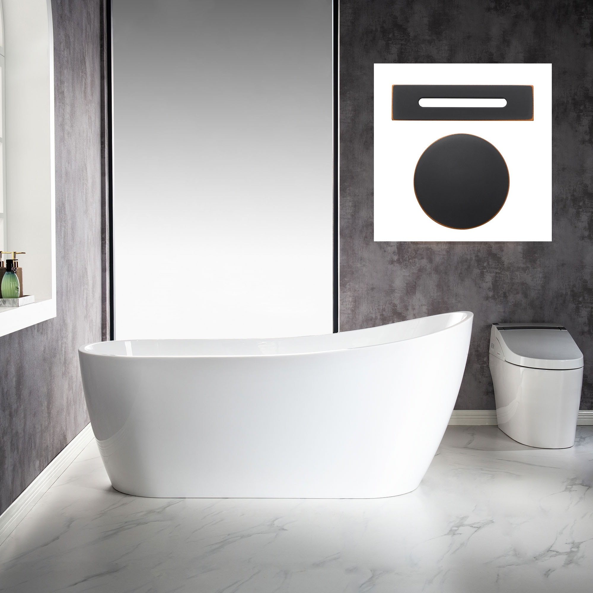 Woodbridge LB270 Pau 28.25-in x 67-in White with Oil Rubbed Bronze Trim Acrylic Oval Freestanding Soaking bathtub with Drain ( Reversible Drain )