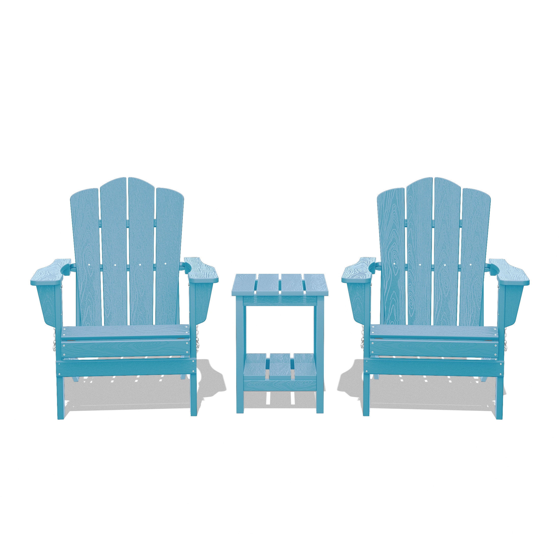 JEAREY YDZDY3JT-LB Patio Folding Adirondack Chair Set of 2 with a Side Table Set of 2 Stackable Light Blue HDPE Frame Stationary Adirondack Chair with Slat Seat