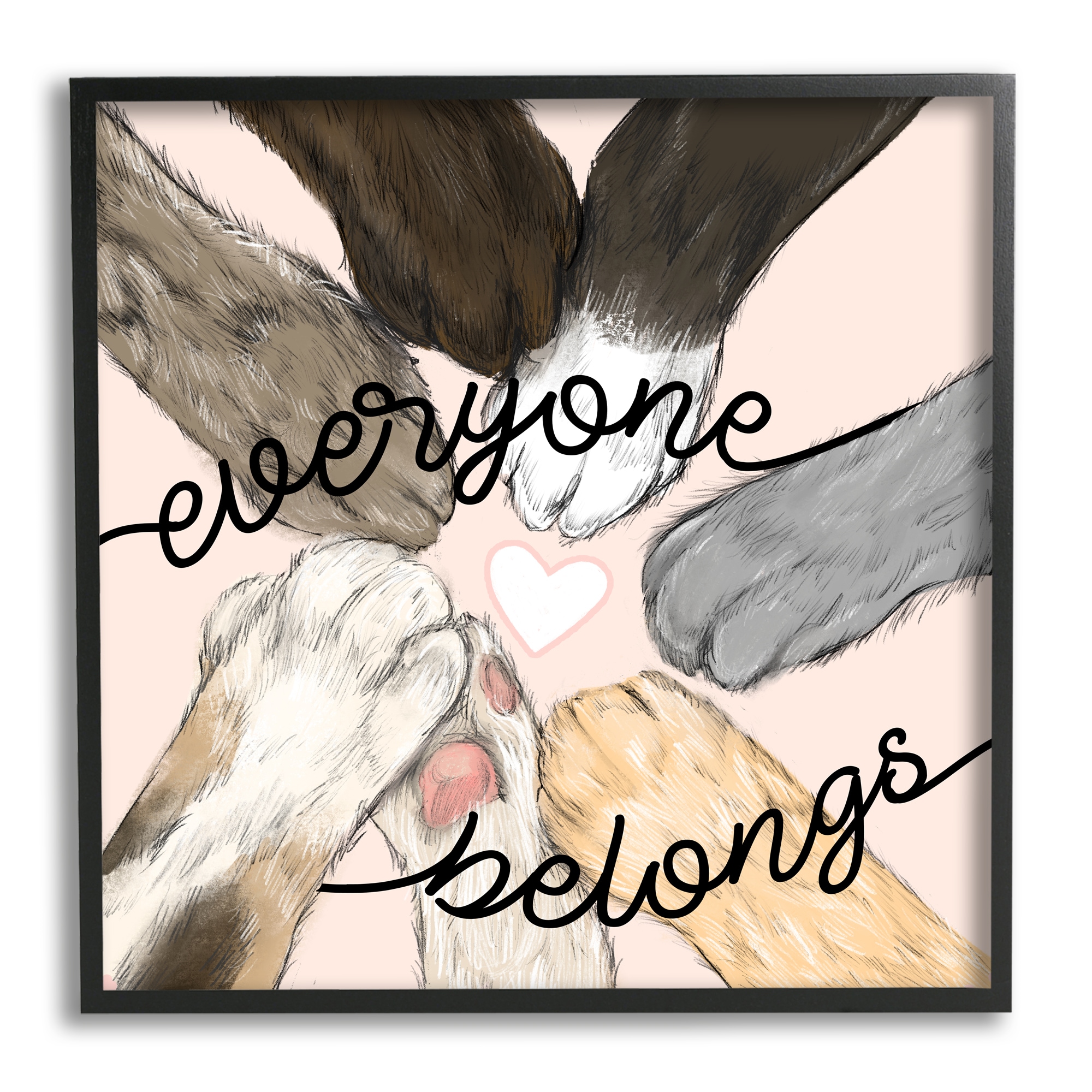 Stupell Industries AI-017-FR-24X24 Everyone Belongs Inclusivity Phrase Pet Cat Paws Daphne Polselli Black Wood Framed 24-in H x 24-in W Inspirational Print on Canvas