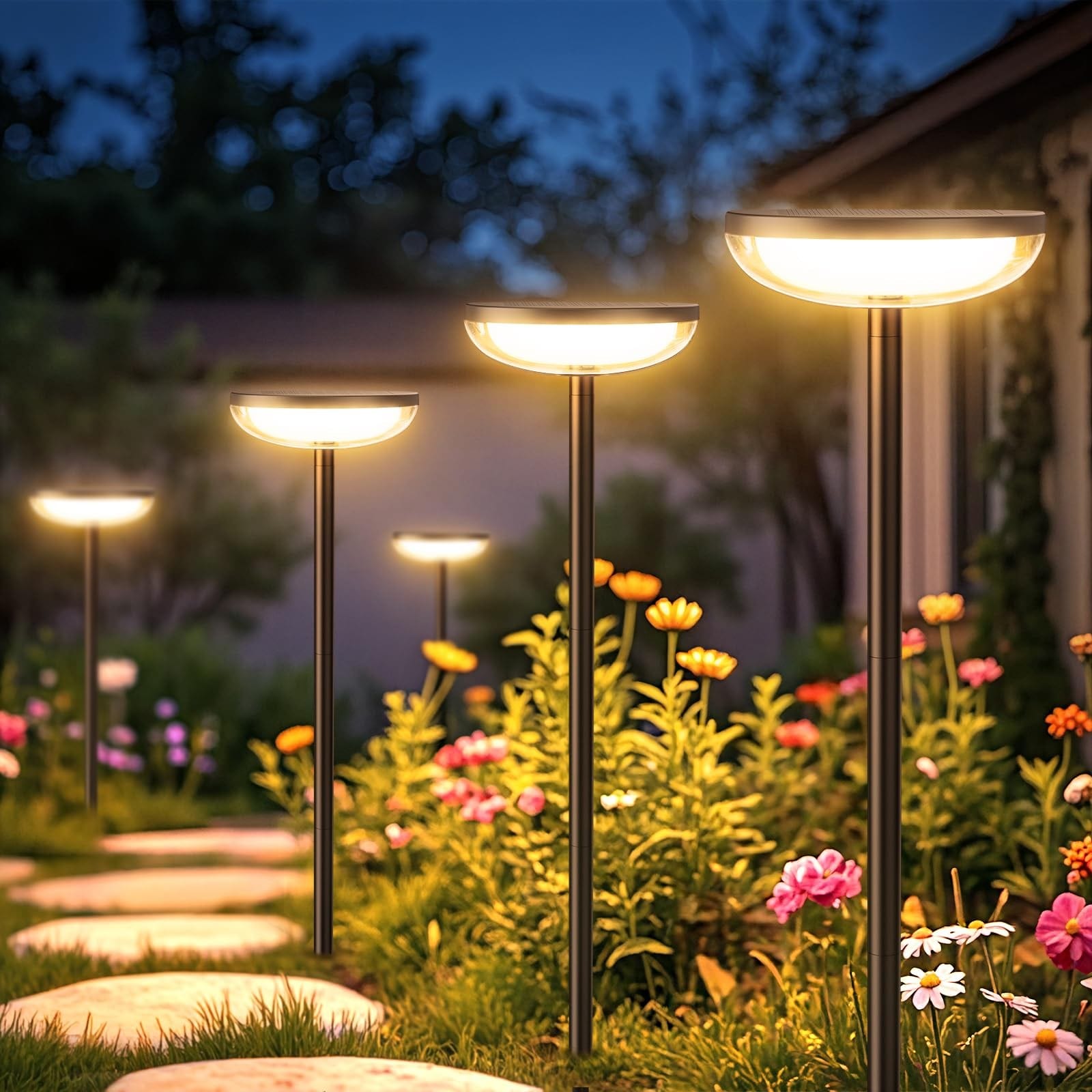 MOEPISY 6 Pack Tall Solar Pathway Lights Outdoor 3 Adjustable Heights 40LM 3500K LED 1000mAh Battery IP65 Waterproof Double Layer PC Lampshade 40 Percent High Conversion Solar Panel Auto On Off Landscape Lights for Yard Flower Bed Patio Walkway Driveway