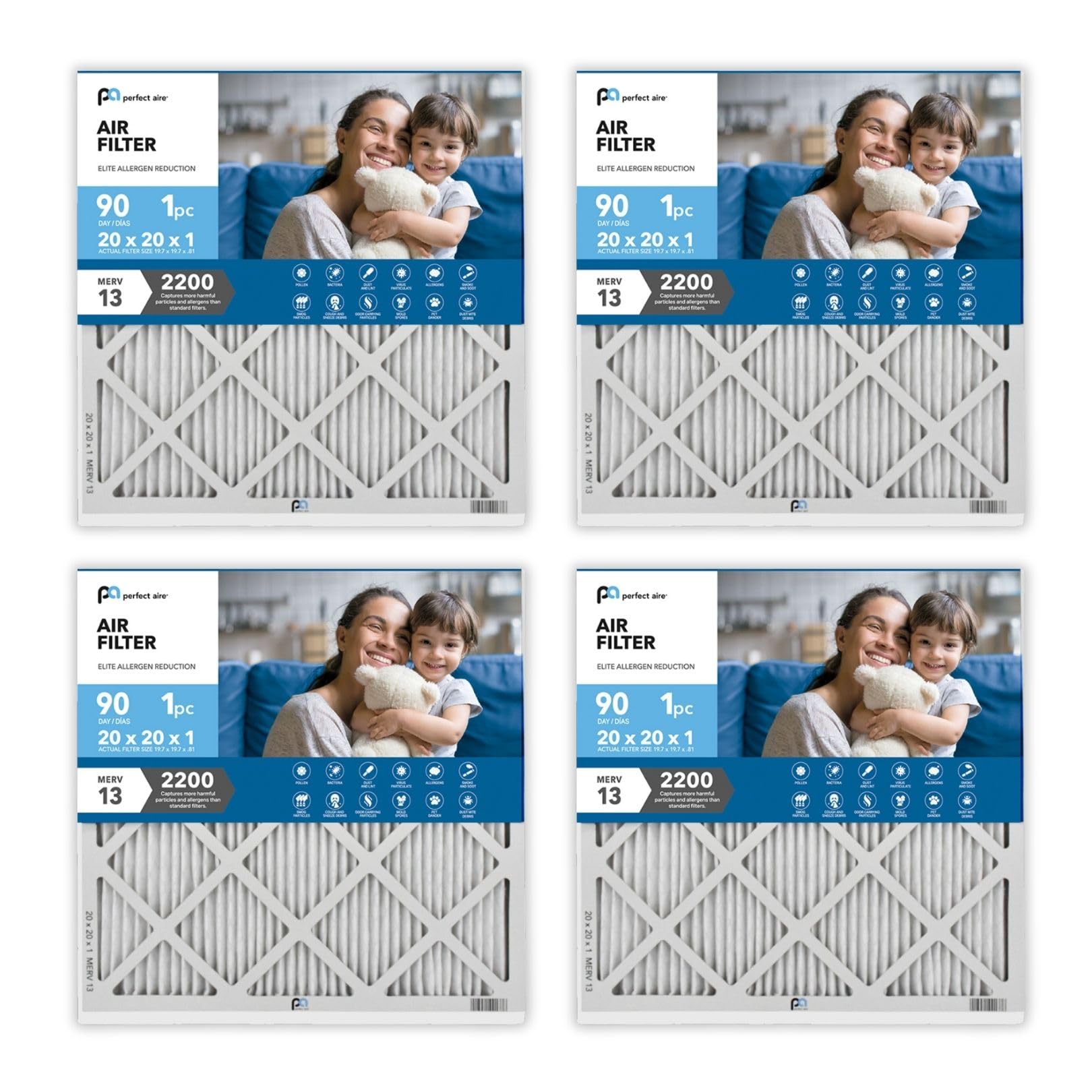 Perfect Aire PerfectAire Air Filter Merv 13 - Electrostatically Charged Pleated Dual Airflow 4 Pack - 20x20x1