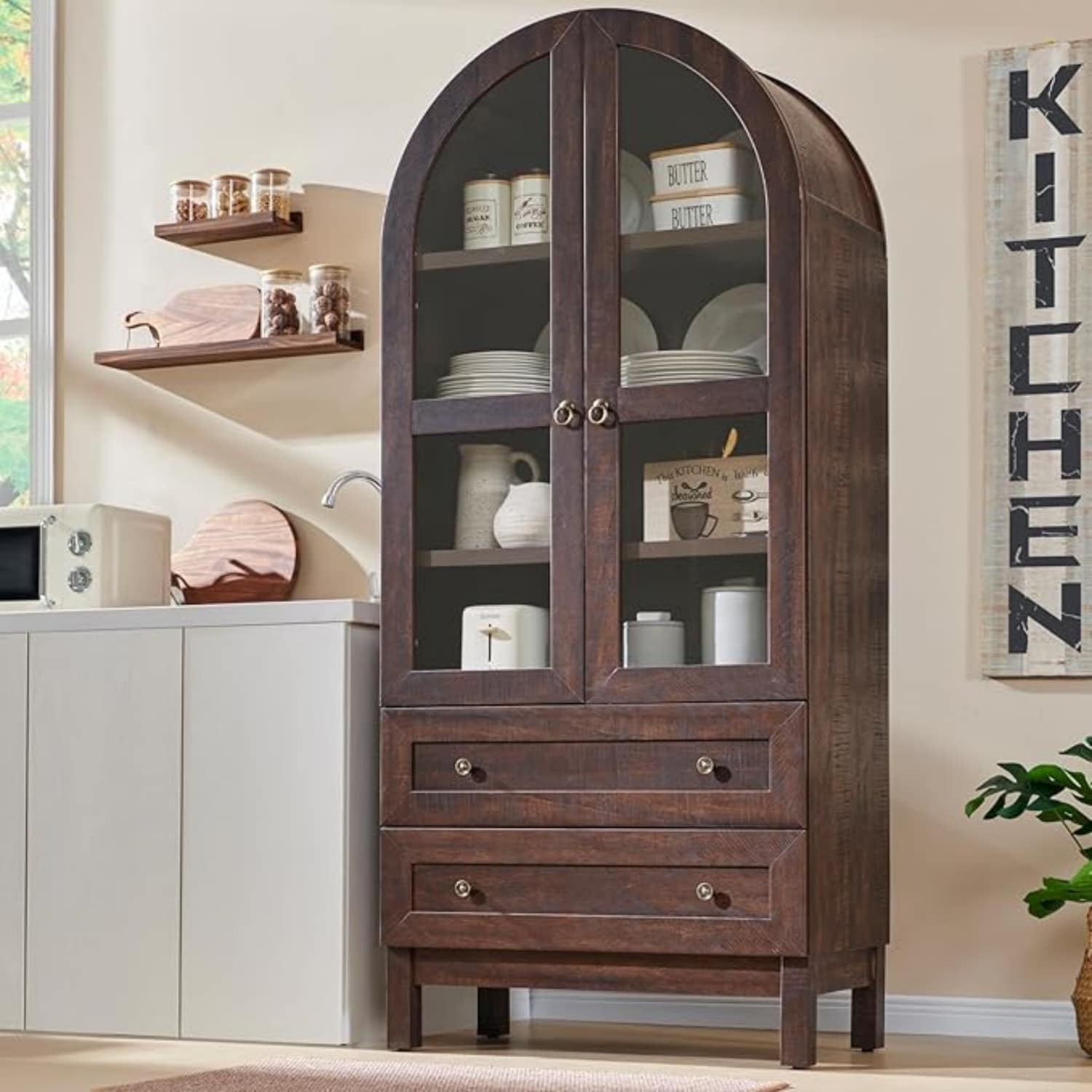 OKD Arched Pantry Cabinet 71-in H x 31-in W x16.34-in D with 2 Drawers  Adjustable Shelves  Glass Doors Gray
