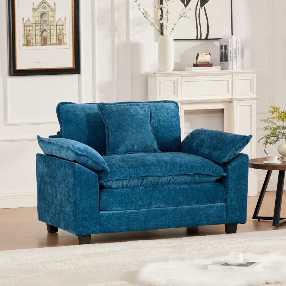 Coolbibila KAY-CHAIR-BLUE Modern Green Chenille Cloud Sofa Chair with Pillow and Modular Design for Living Room or Bedroom