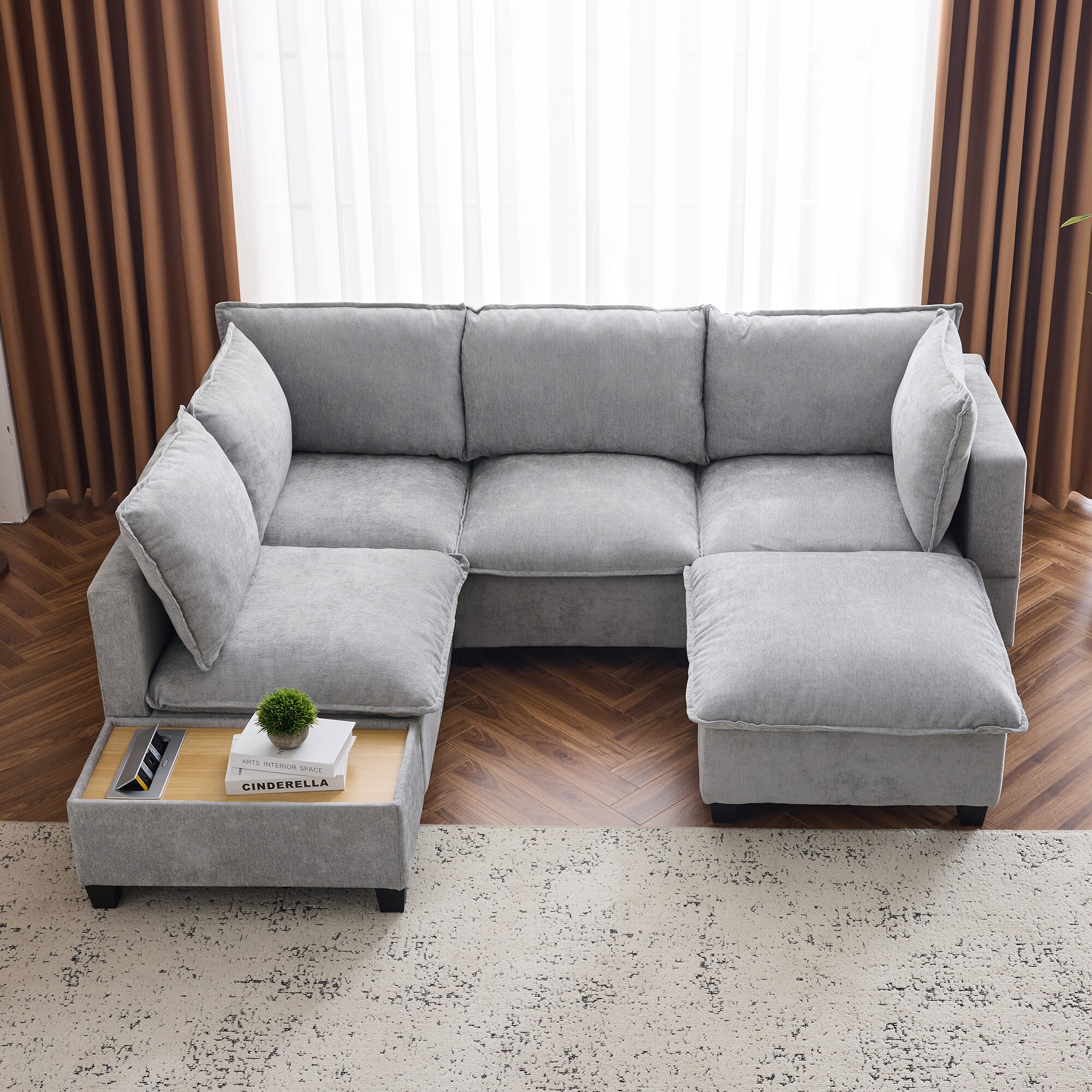 ModernLuxe N719S001780E 90inch Ushaped Sectional Sofa Modular Sofa Couch with a Movable Ottoman a Coffee Table with Hidden Charging Devices for Living RoomGrey