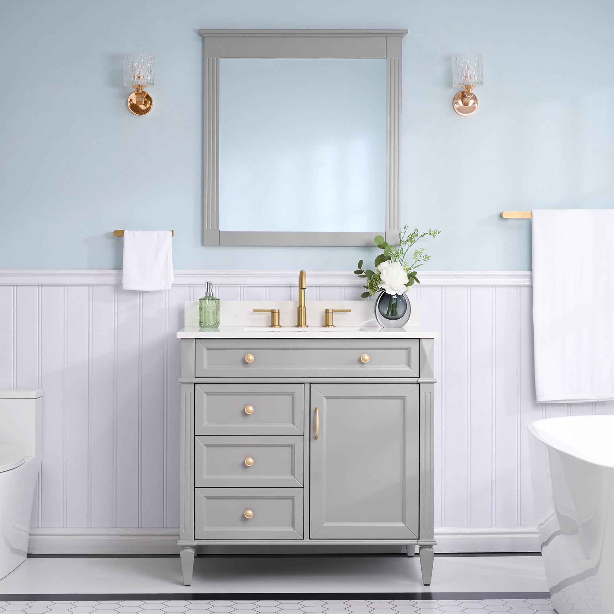 WELLFOR ELISA36QZ-TG ELISA Solid Wood Bathroom Vanities with Top 36-in Gray Undermount Single Sink Bathroom Vanity with Carrera White Quartz Top