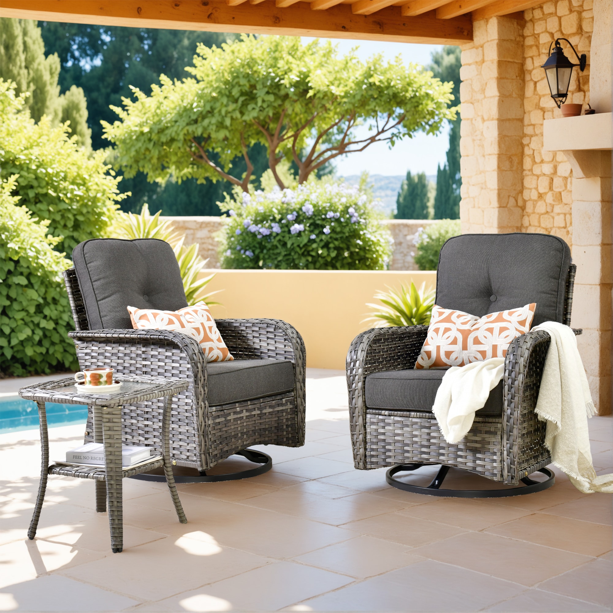 Pouuin SCNG103 Set of 2 Wicker Gray Metal Frame Swivel rocker Rocking Chair with Black Cushioned Seat