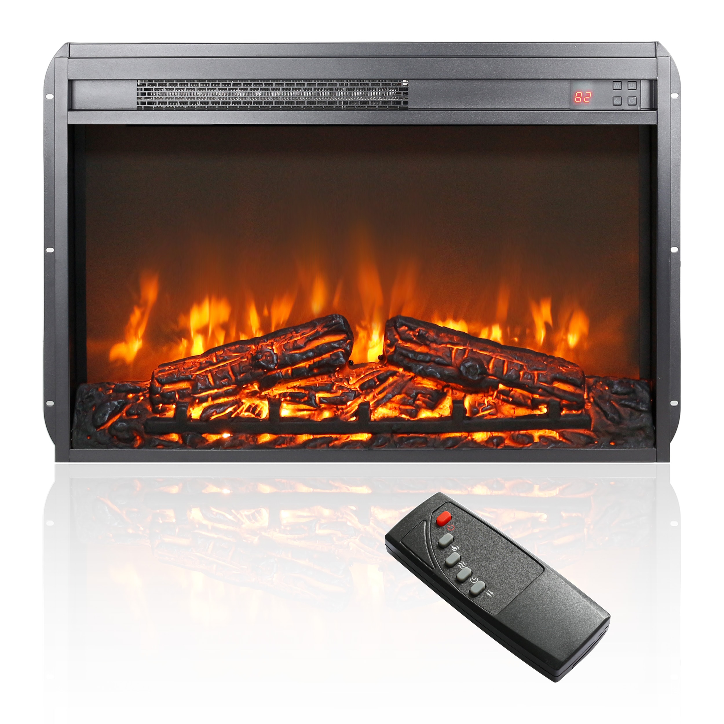 LUXEYARD 26 inch electric fireplace insert ultra thin heater with log set realistic flame remote control with timer overheating protection