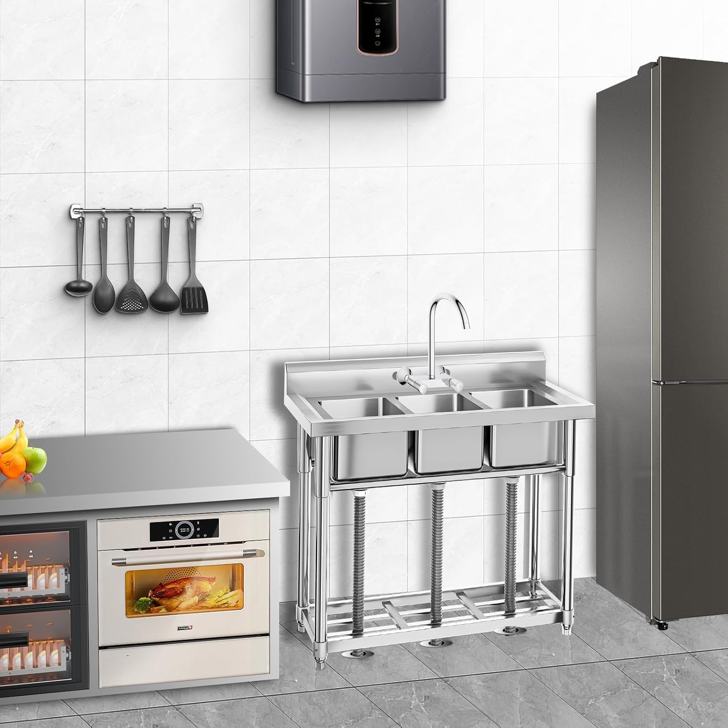 Qeetex ML-PHO-125C0KEF Freestanding Stainless Steel Triple Bowl Utility Sink 38.9x17.7x37 Inches With Shelf Durable Corrosion Resistant Easy Assembly Commercial Grade Anti Splash Design For Kitchen Laundry Garage Restaurant