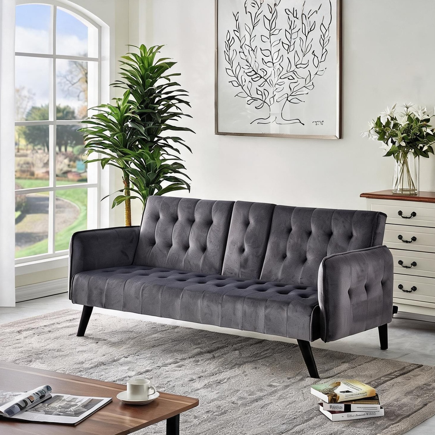 Watnature 72 x 34.6 x 31 in Dark Grey Velvet Sofa Tufted Detail for Living Room with Velvet Upholstery