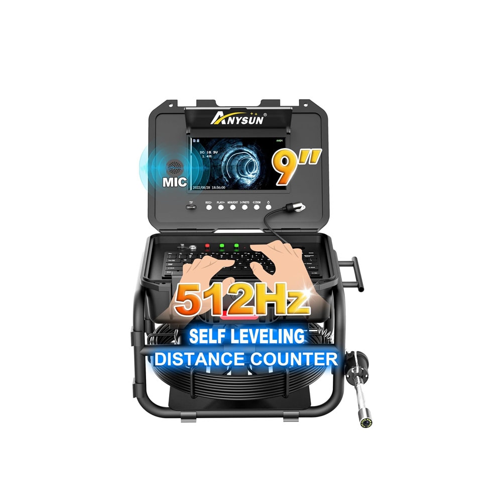 Anysun 165ft All-in-One Sewer Camera with Keyboard and Self-Leveling 512Hz Sonde and Distance Counter 9-in 1080P IPS Monitor with Voice-Over DVR IP68 Waterproof Pipe Inspection System #AS-IIS1MP0015-K0