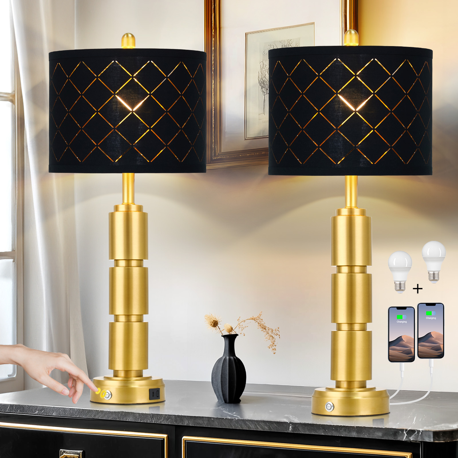 UrFurnishings Glum 29-in Gold LED Touch Table Lamp with Linen Shade